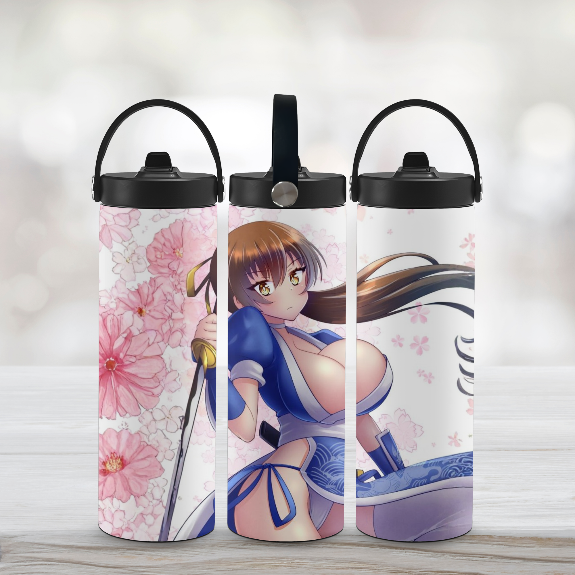 Three Sports water bottles with a anime character of Kasumi from Dead or Alive. 