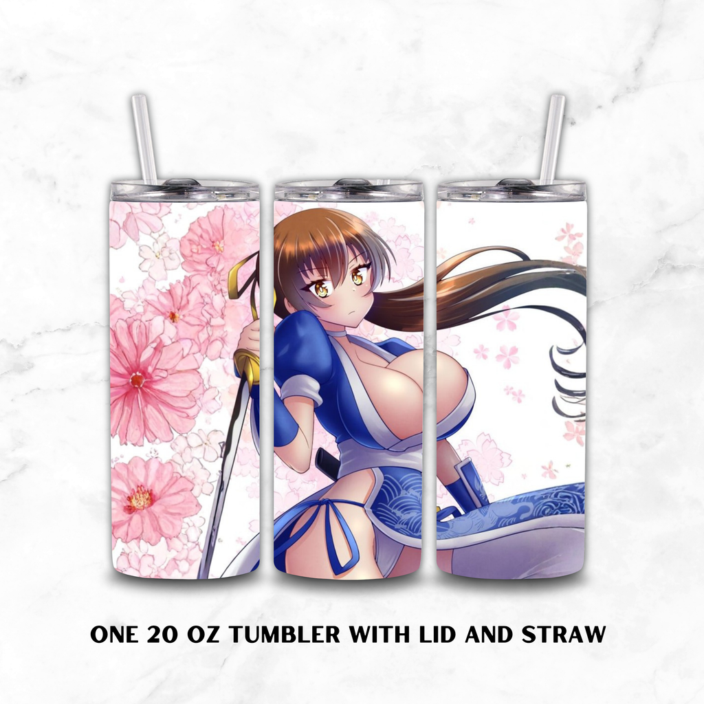Three views of a 20 oz tumbler with lid and straw, featuring an anime-style illustration of anime Kasumi in a blue kimono with pink cherry blossoms on a white marble background.