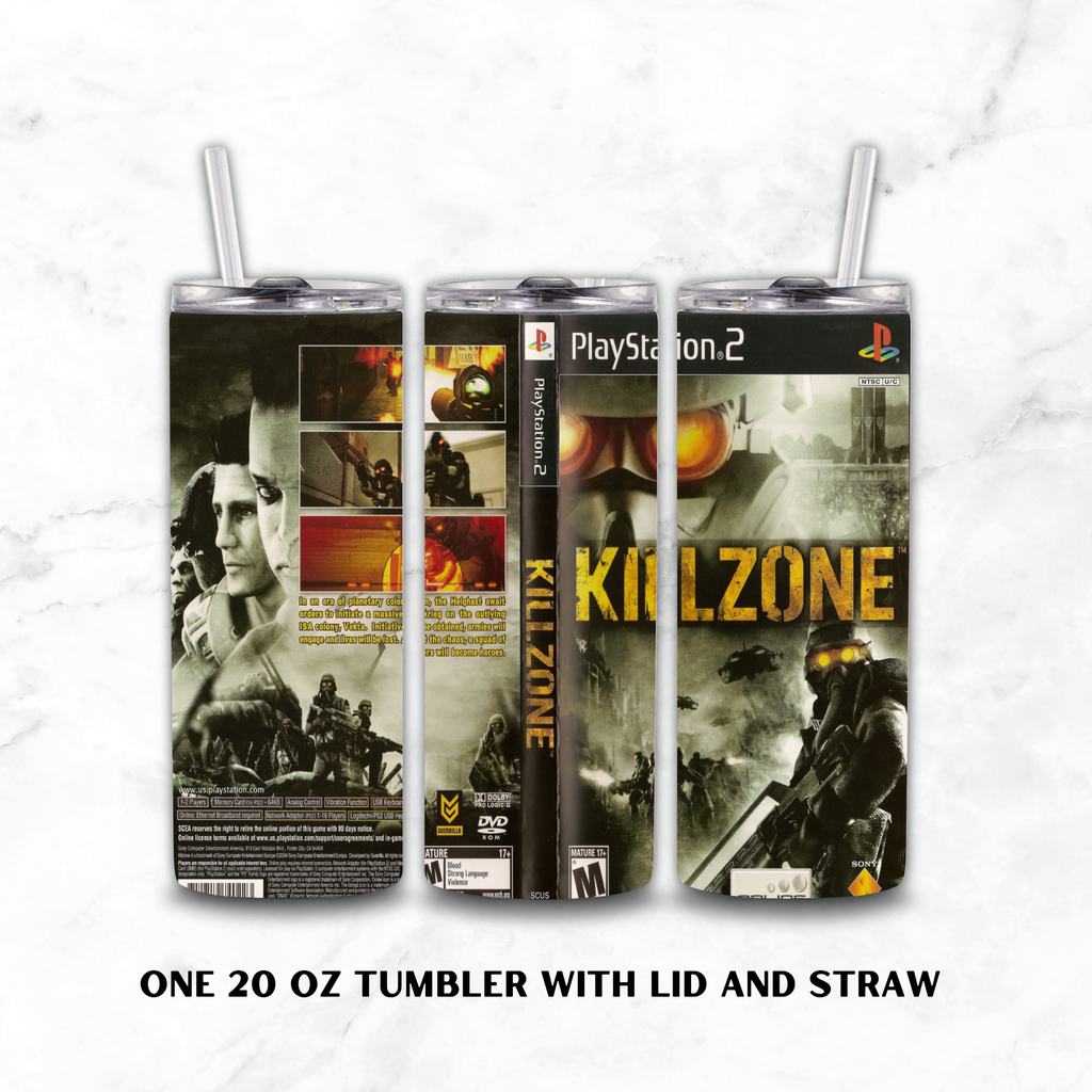 Three views of a 20 oz tumbler with lid and straw, featuring a Killzone PlayStation 2 game case wrap design, displayed on a white marble background with text reading 'ONE 20 OZ TUMBLER WITH LID AND STRAW'.