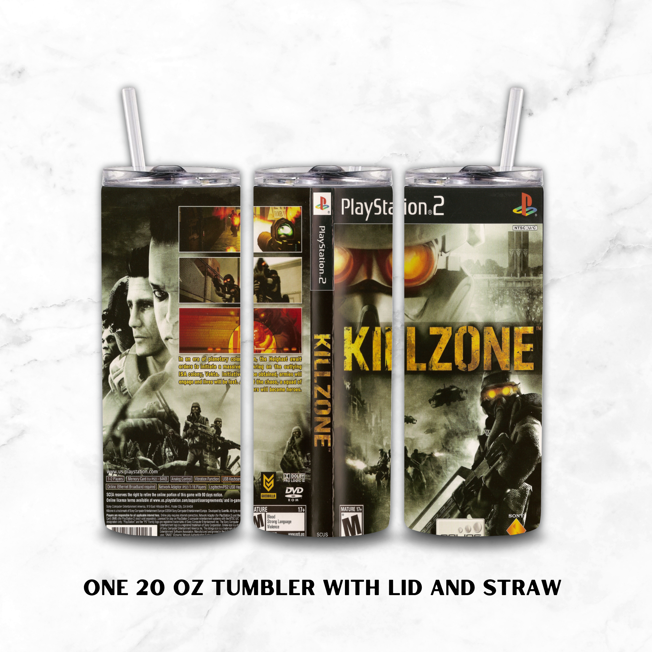 Three views of a 20 oz tumbler with lid and straw, featuring a Killzone PlayStation 2 game case wrap design, displayed on a white marble background with text reading 'ONE 20 OZ TUMBLER WITH LID AND STRAW'.