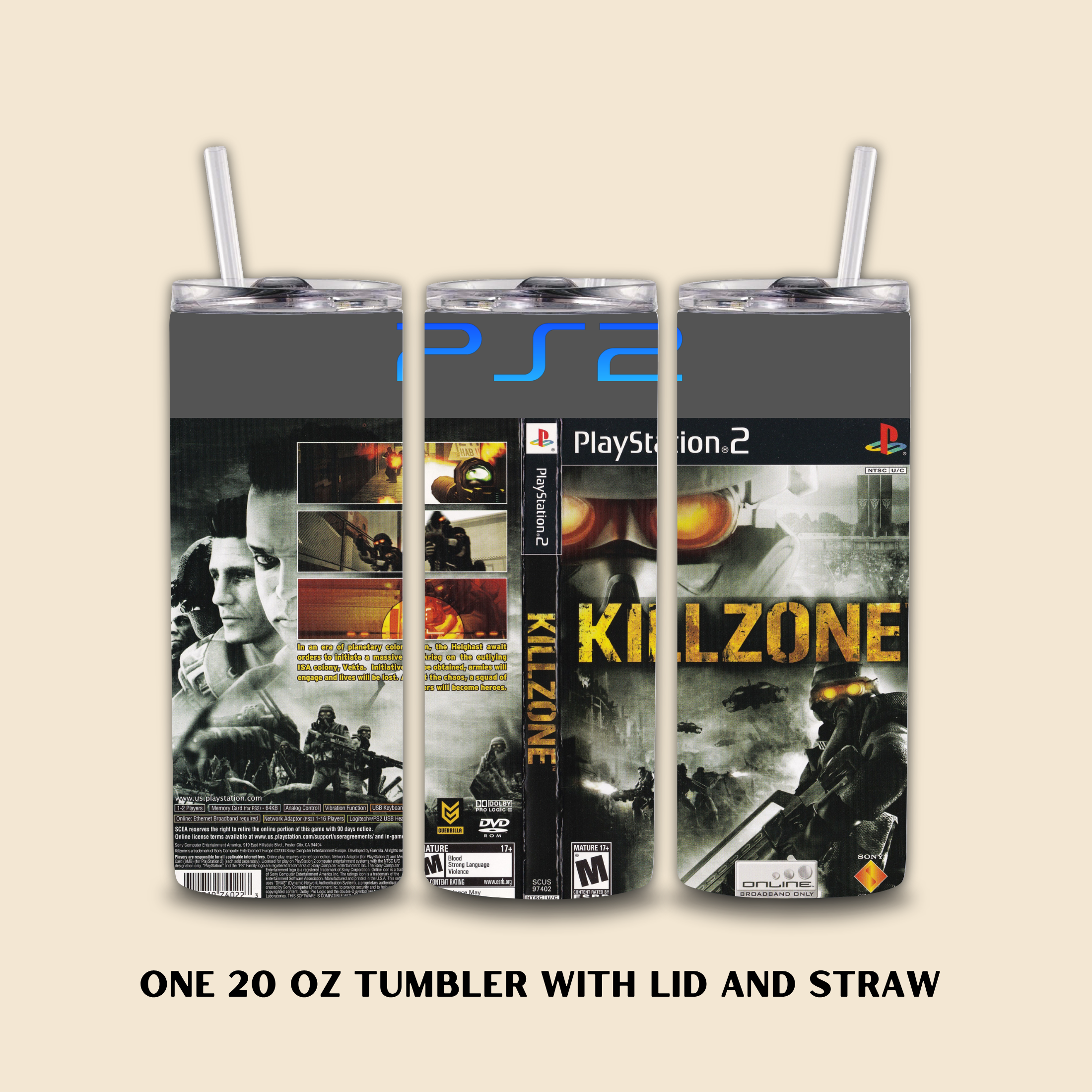 Tumbler with 'Killzone' PlayStation 2 game case design on a beige background