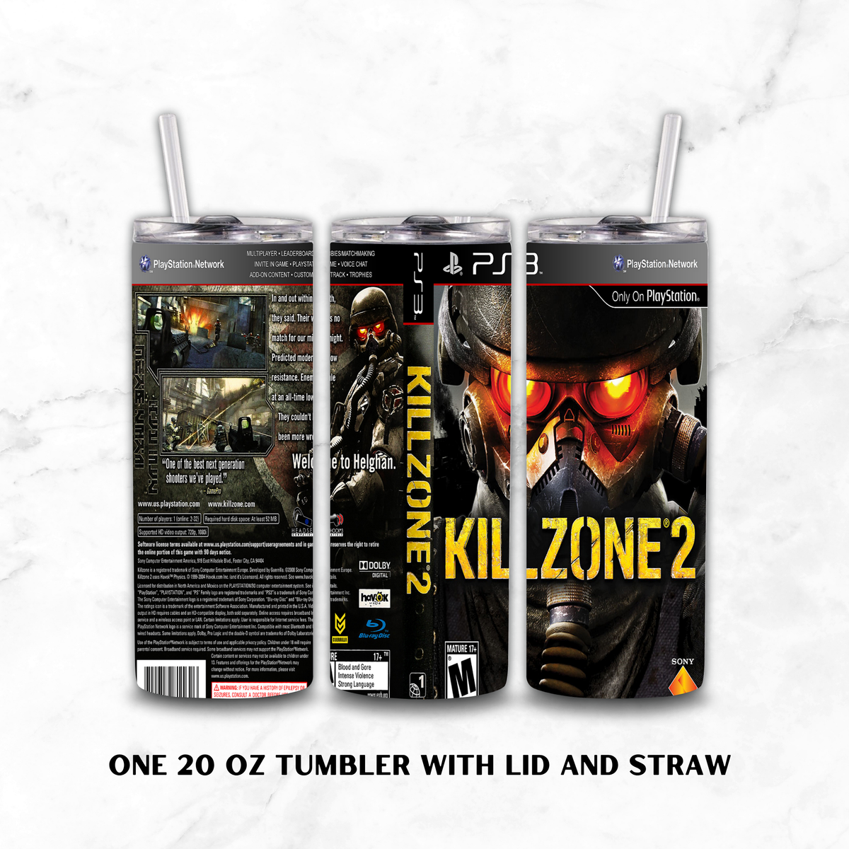 Three views of a 20 oz tumbler with lid and straw, wrapped in a Killzone 2 PlayStation 3 design, displayed on a white marble background.