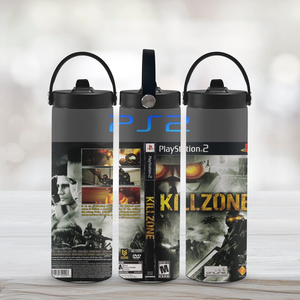 Three sports water bottle with 'PlayStation 2' and 'Killzone' branding on a light background.