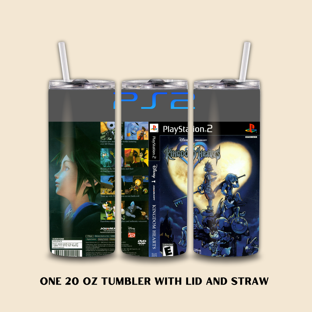 20oz Tumbler with PlayStation 2 Kingdom Hearts design on a beige background