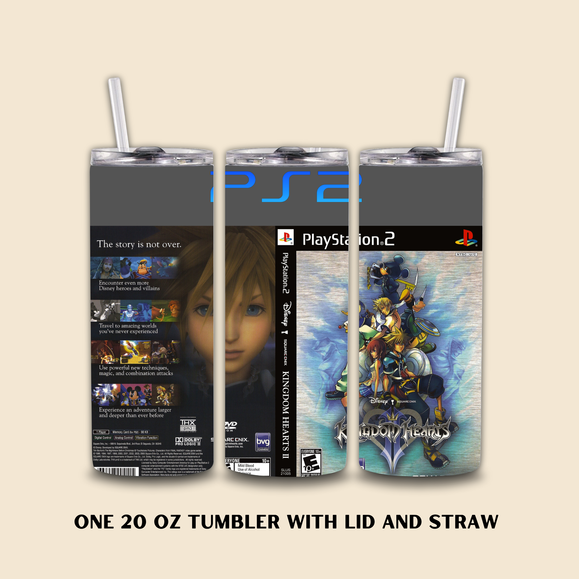 PlayStation 2 Kingdom Hearts II tumbler with lid and straw on a beige background