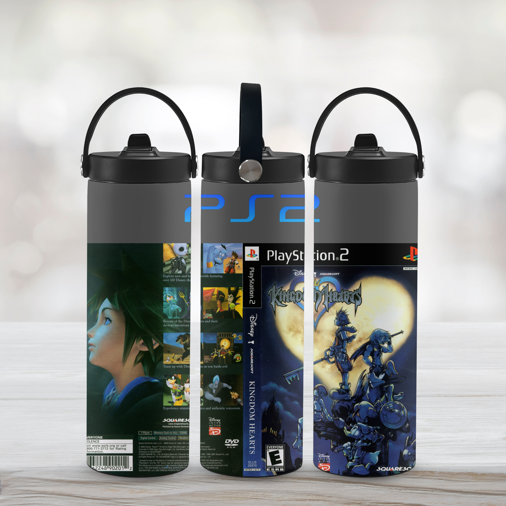 Three sports water bottle with kingdom hearts branding and graphics on a light background