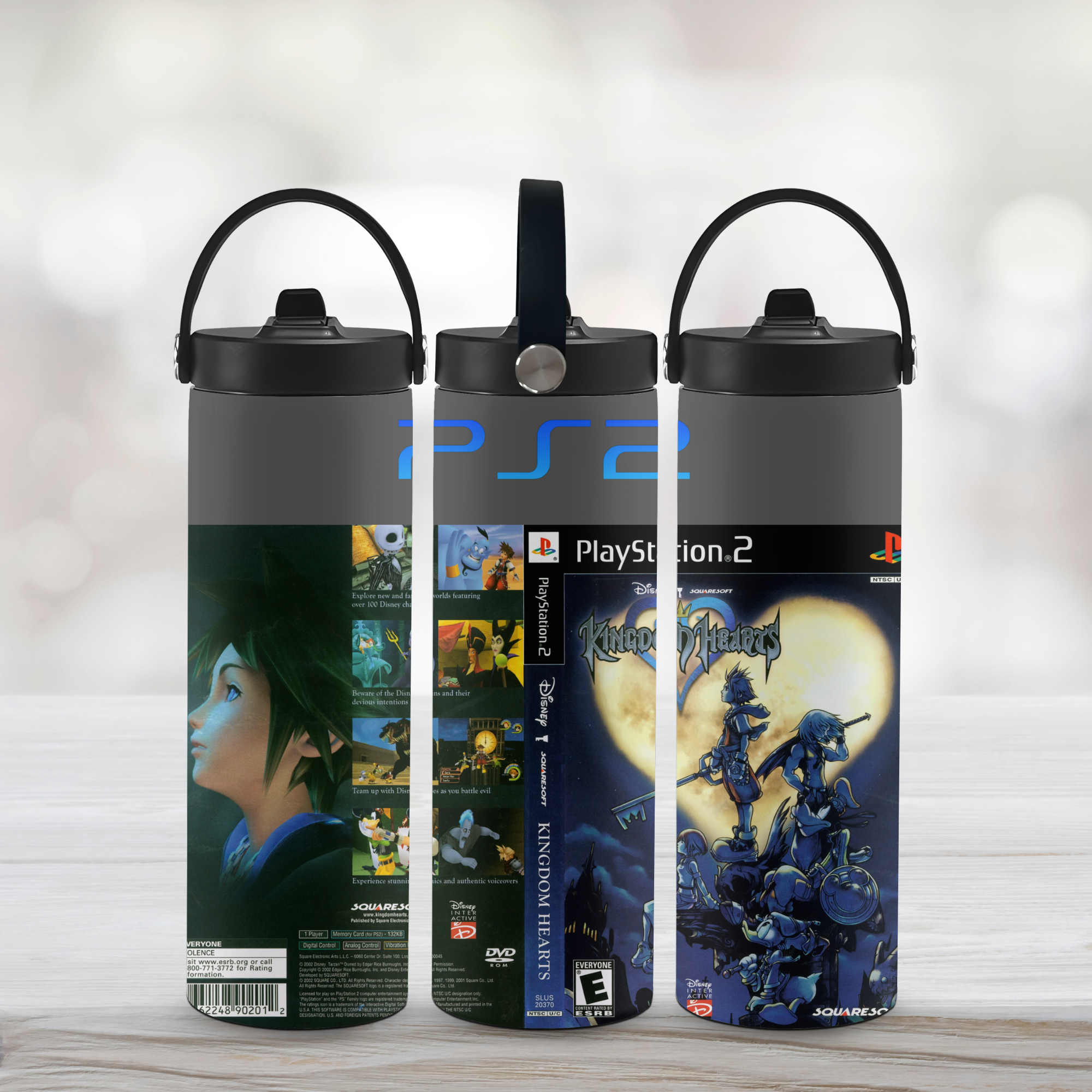 Three sports water bottle with kingdom hearts branding and graphics on a light background