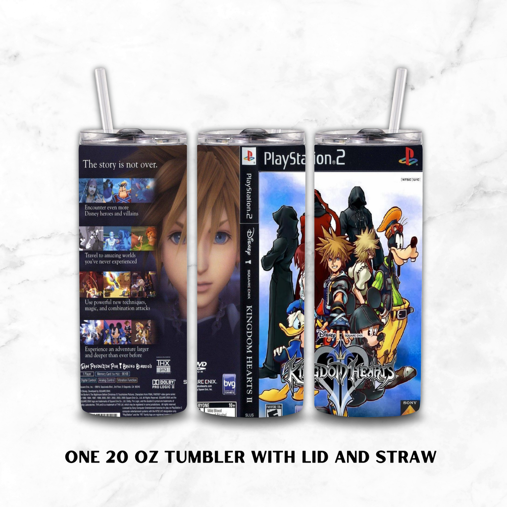 Three views of a 20 oz tumbler with lid and straw, featuring Kingdom Hearts 2 PlayStation 2 artwork on a white marble background. The tumbler shows front, back, and side designs with character art and PlayStation branding.