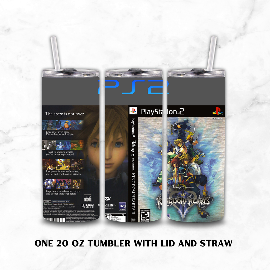Three views of a 20 oz tumbler with lid and straw, featuring a PlayStation 2 themed wrap design with Kingdom of Hearts II artwork, shown on a light marble background.