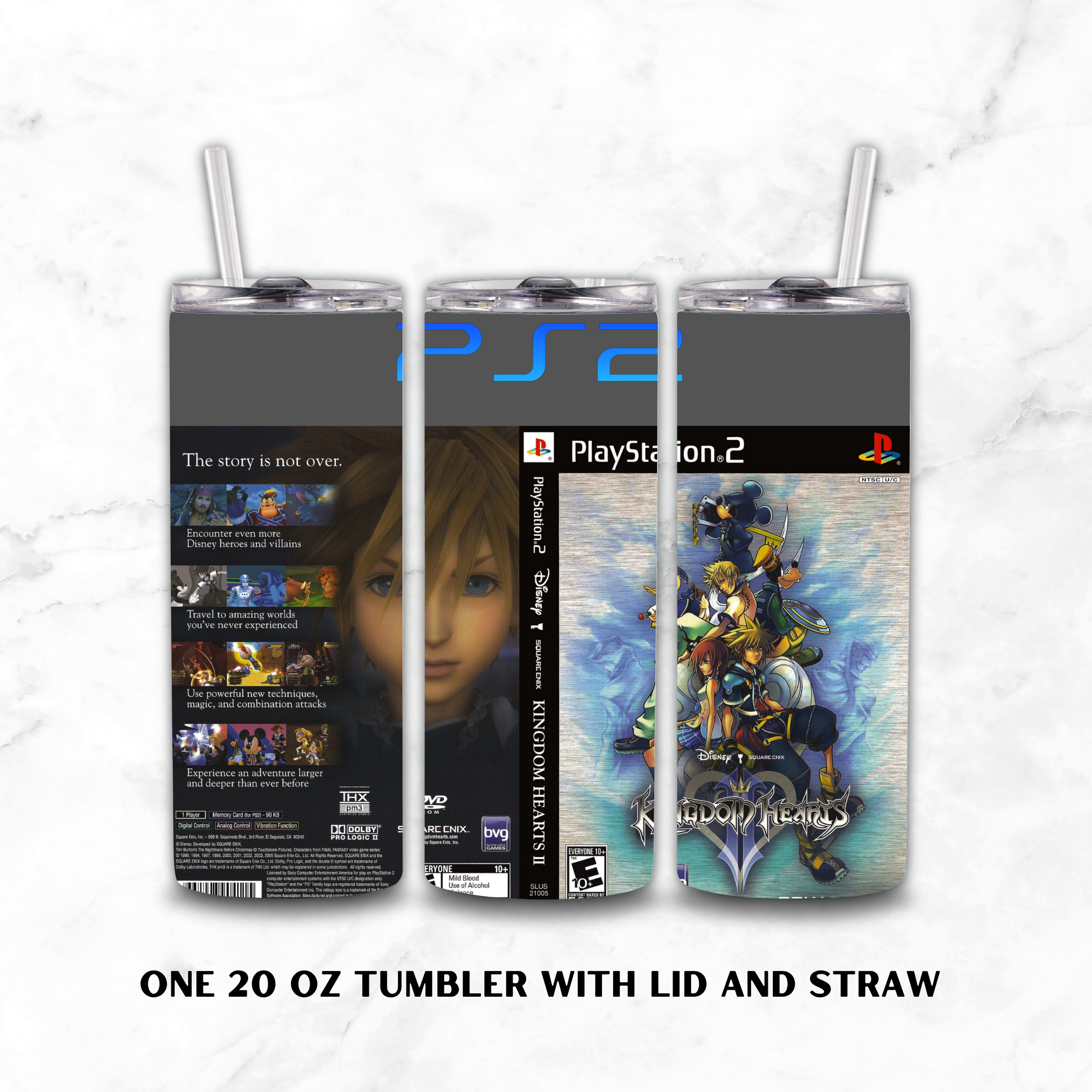 Three views of a 20 oz tumbler with lid and straw, featuring a PlayStation 2 themed wrap design with Kingdom of Hearts II artwork, shown on a light marble background.
