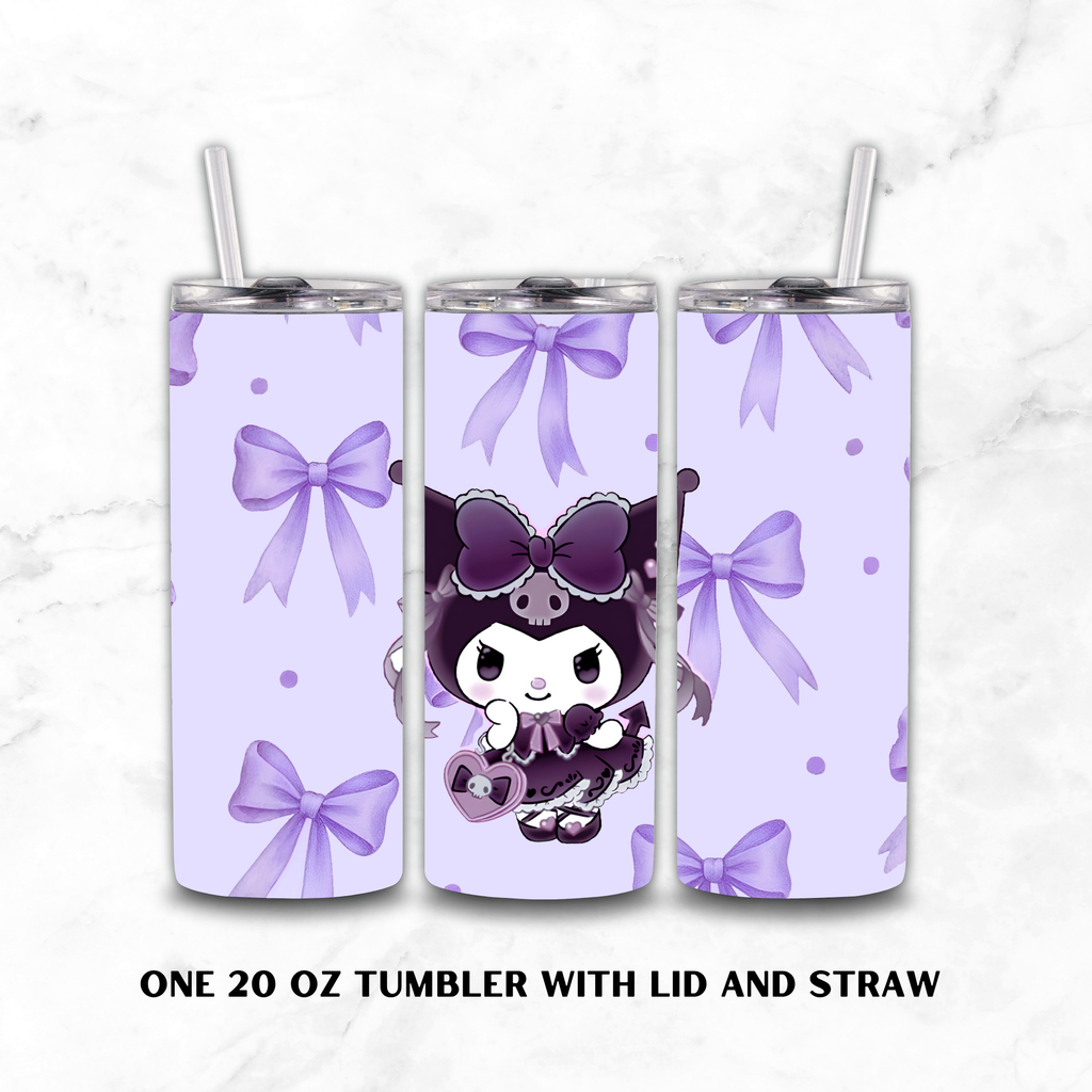 Three views of a 20 oz skinny tumbler with lid and straw, featuring a light purple and lavender gothic Kuromi character design with bows and polka dots on a white marble background.