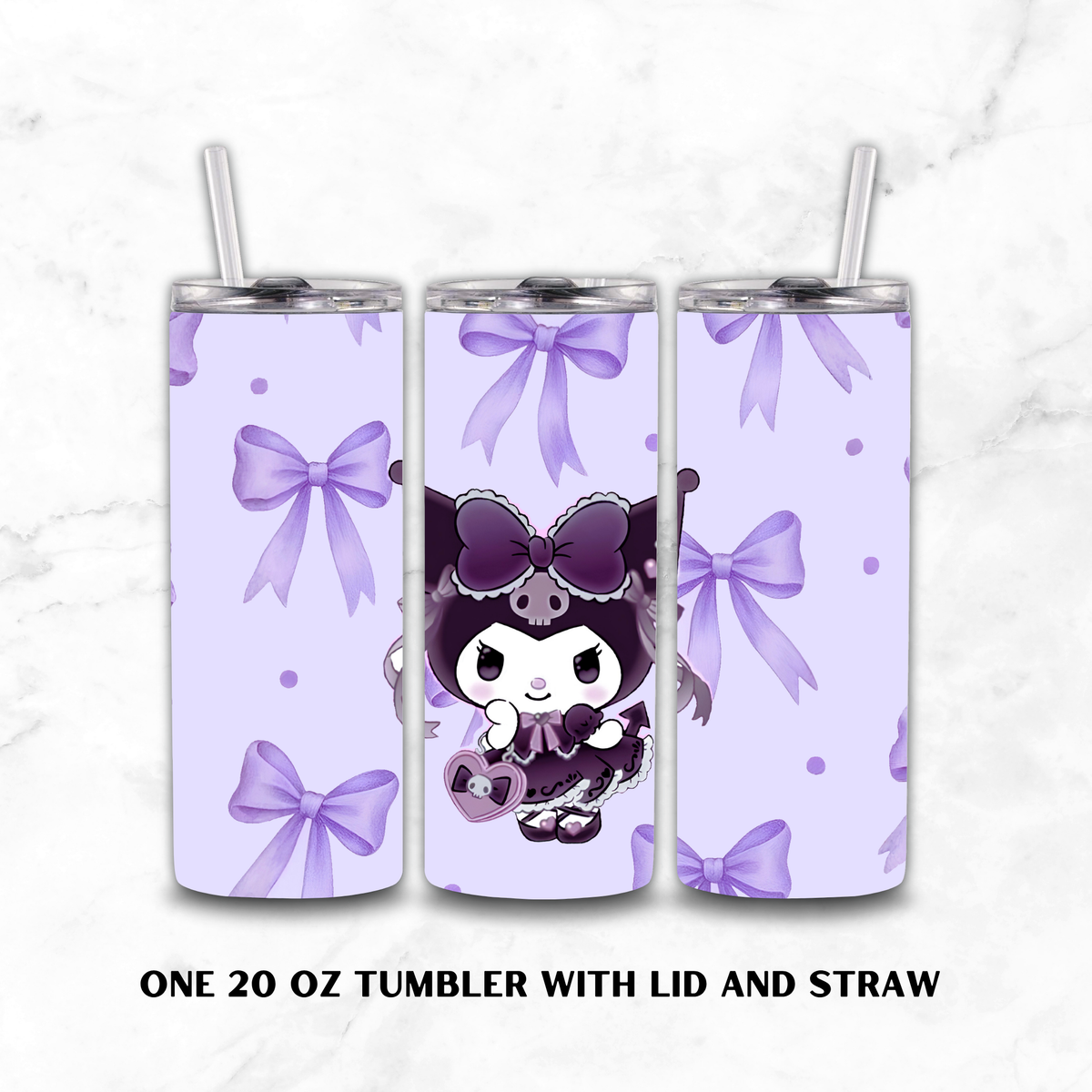 Three views of a 20 oz skinny tumbler with lid and straw, featuring a light purple and lavender gothic Kuromi character design with bows and polka dots on a white marble background.