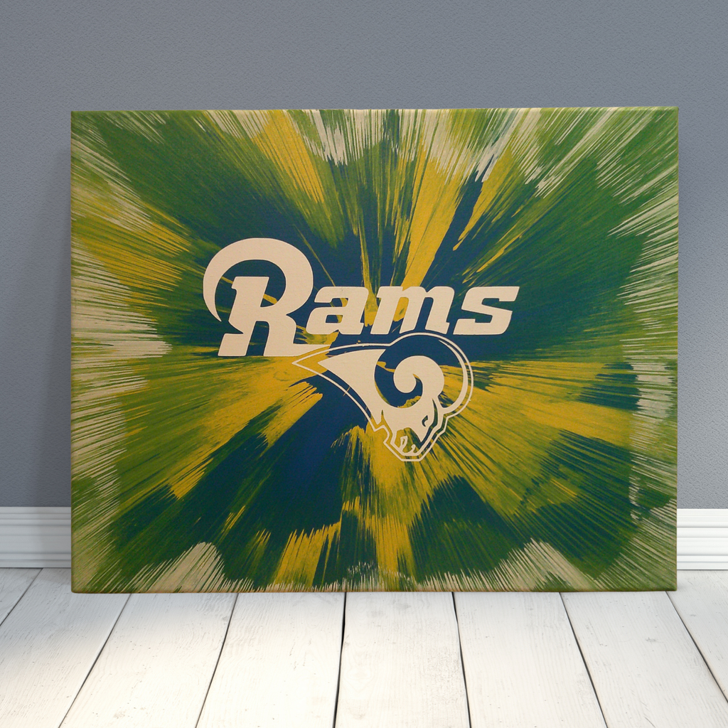 Spin Art canvas of Rams logo on a colorful team colors abstract background