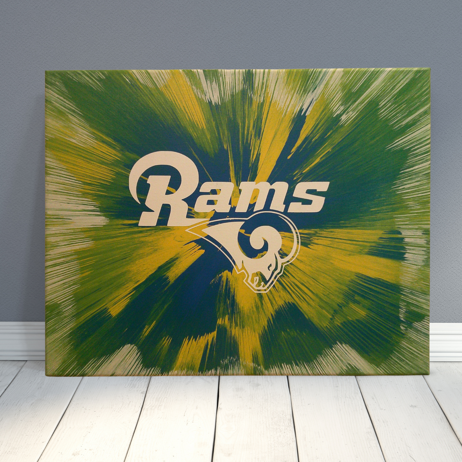 Spin Art canvas of Rams logo on a colorful team colors abstract background