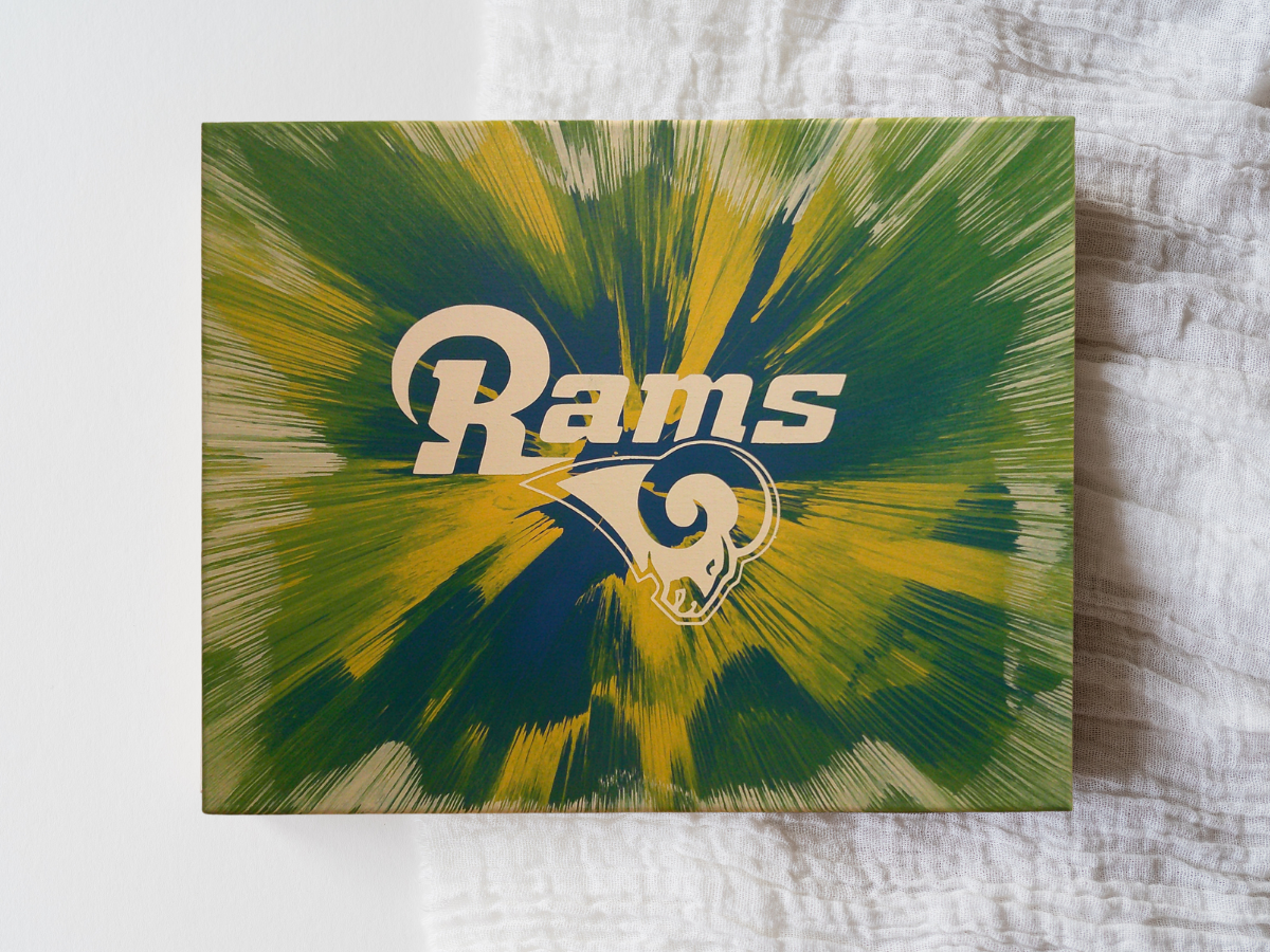 LA Rams Spin Art canvas on white textured background