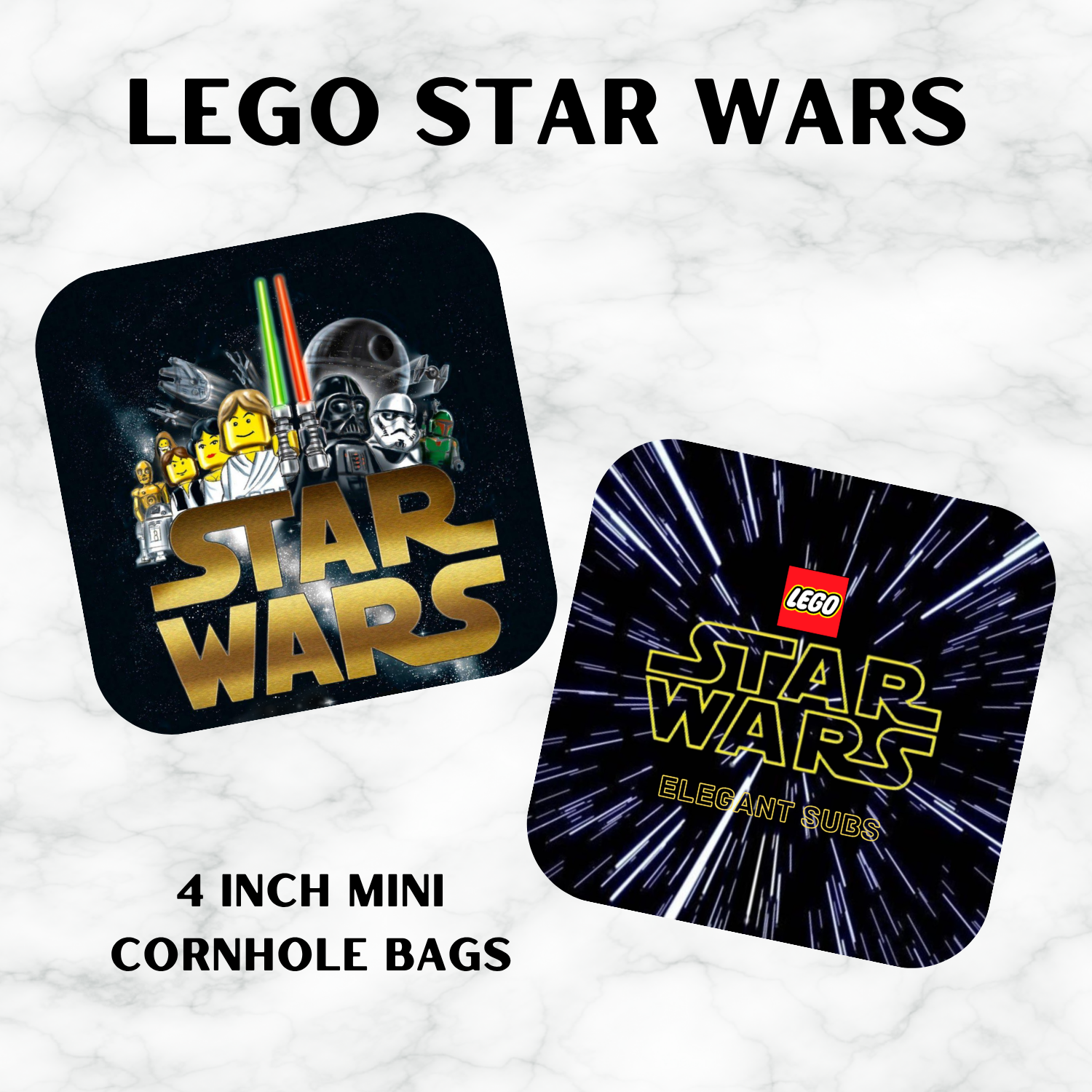 Two mini cornhole bags featuring Lego Star Wars designs on a light marble background. 