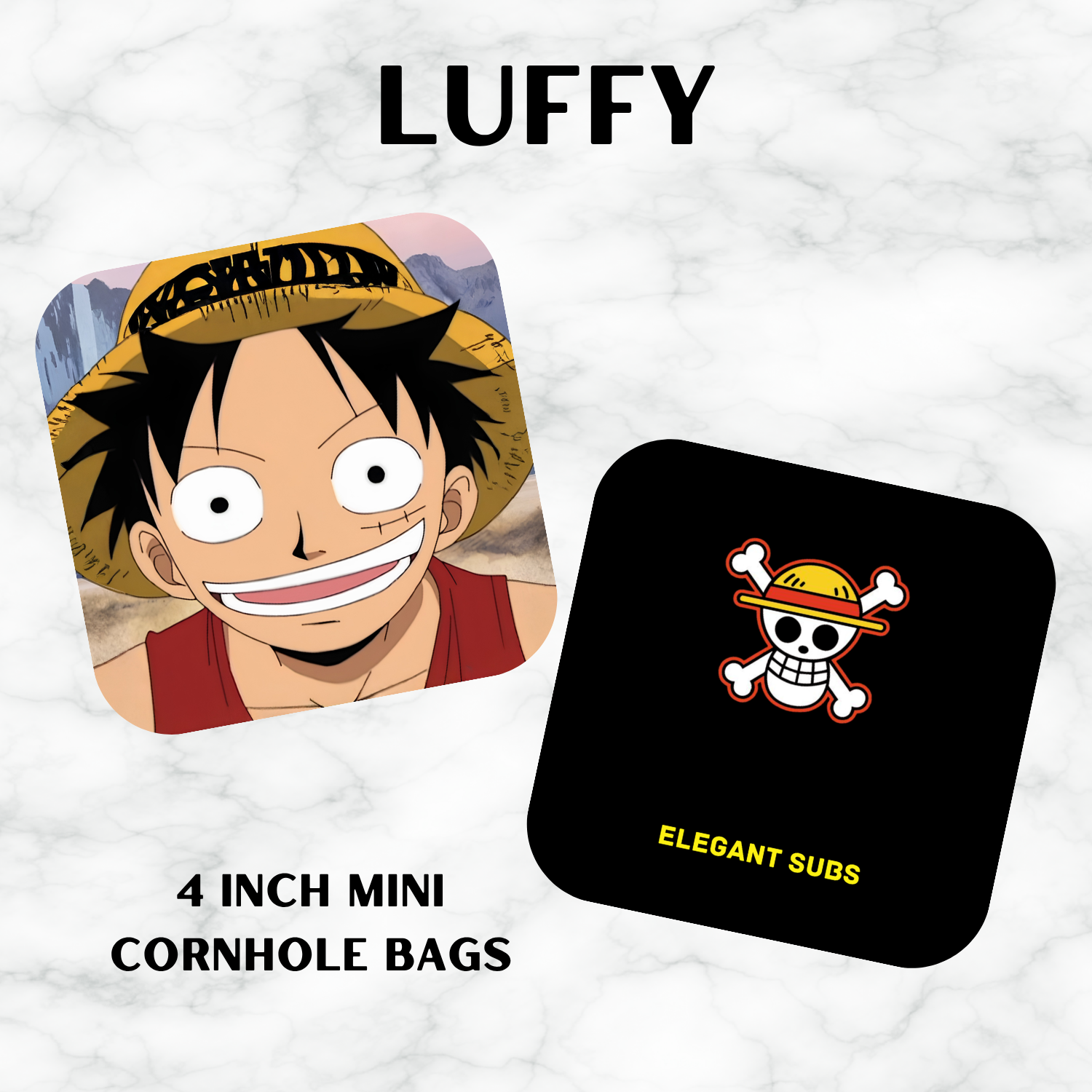 Mini Cornhole bags featuring an anime character Luffy and 'Elegant Subs' logo on a white background