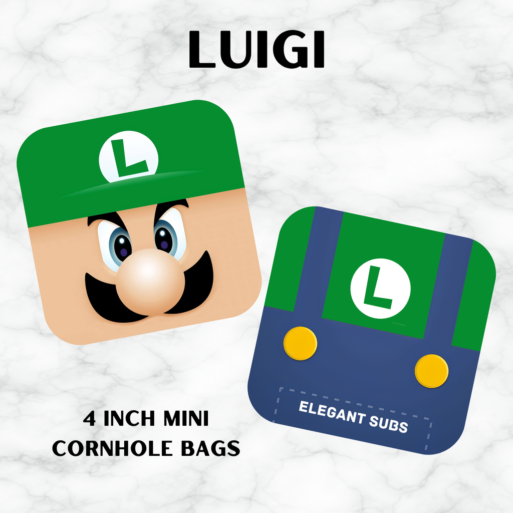 Two mini cornhole bags with Luigi design on a white background.