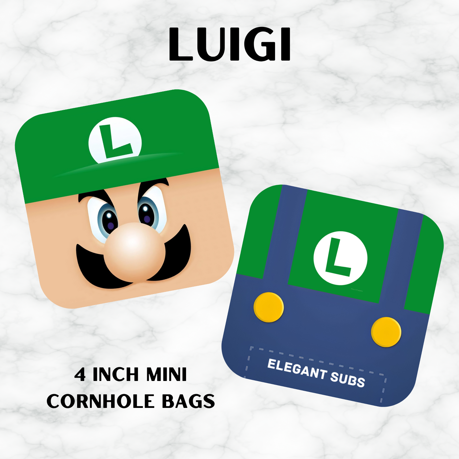 Two mini cornhole bags with Luigi design on a white background.