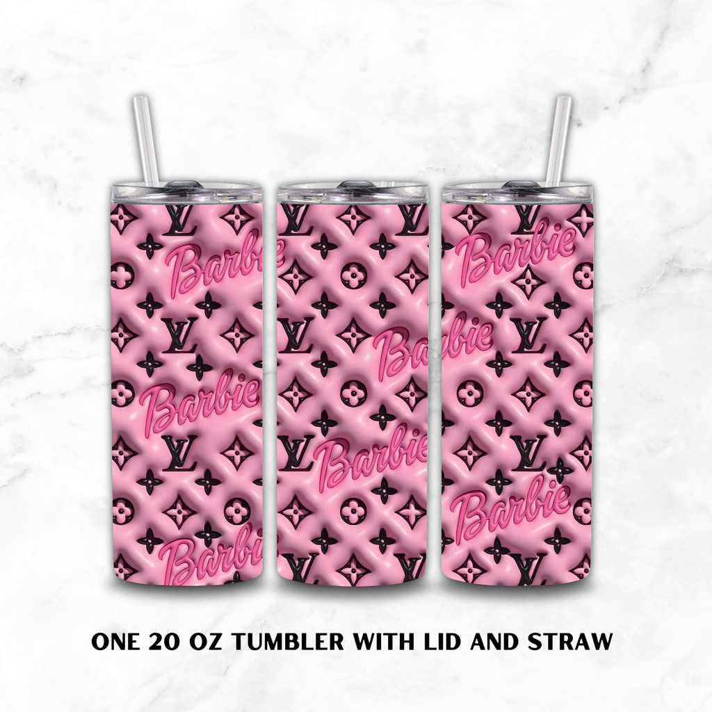 Three views of a pink 20 oz tumbler with lid and straw, featuring a pink tufted monogram pattern with 'Barbie' script and black LV logos, shown on a white marble background with text reading 'ONE 20 OZ TUMBLER WITH LID AND STRAW'.