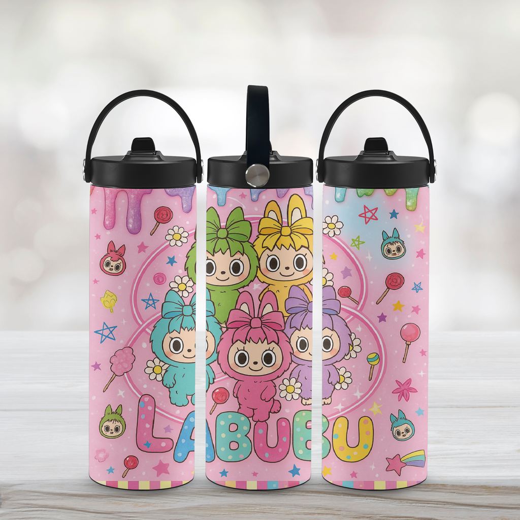 3 water bottles with LuBuBu images on a white background. 