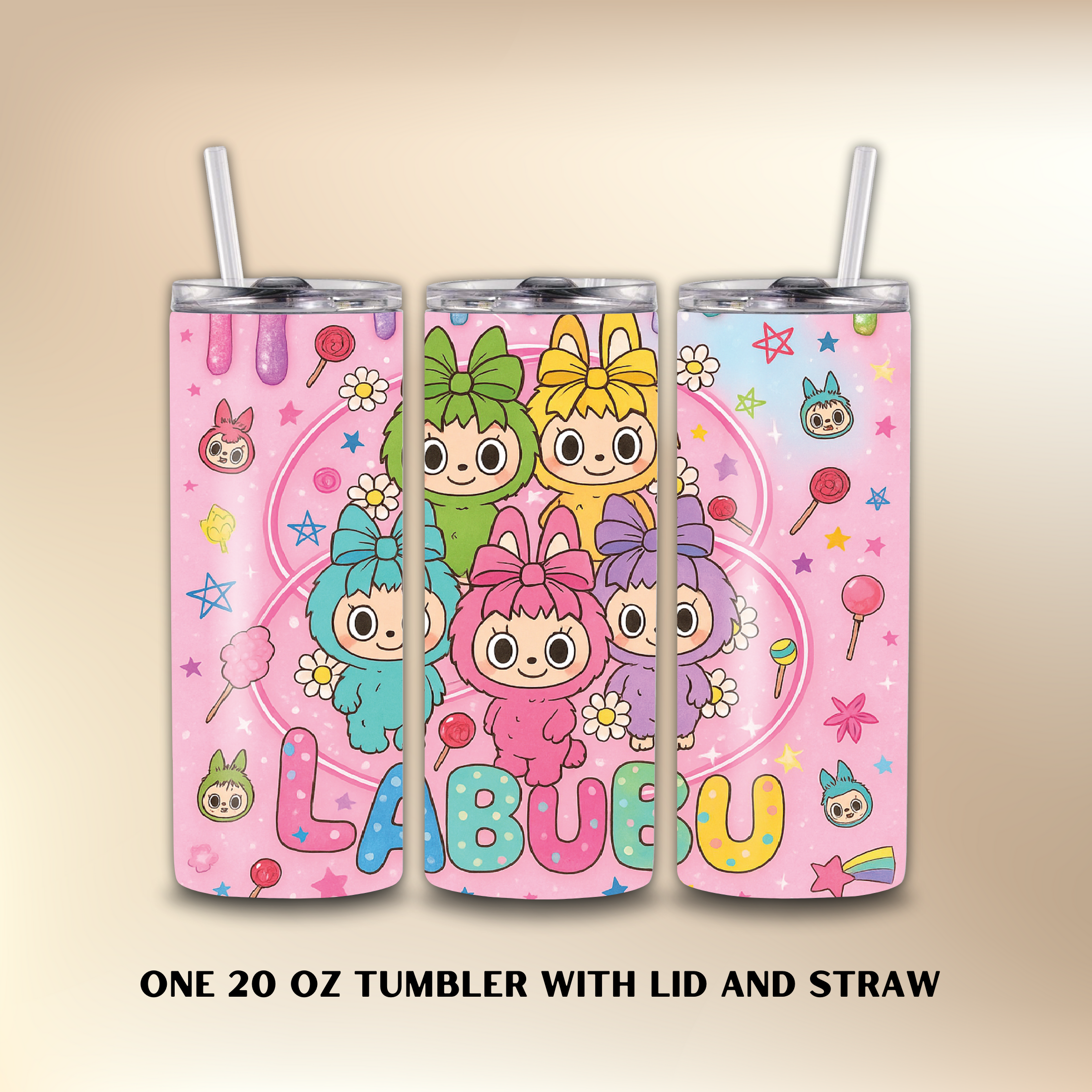 Three 20 oz tumblers with colorful characters and 'Labubu' branding on a beige background.