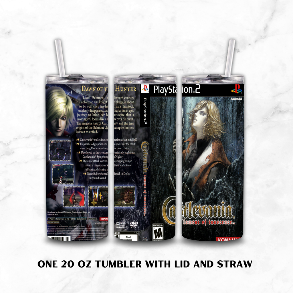 Three views of a 20 oz insulated tumbler with lid and straw, printed with a PlayStation 2 themed Castlevania Lament of Innocence, shown on a white marble background.