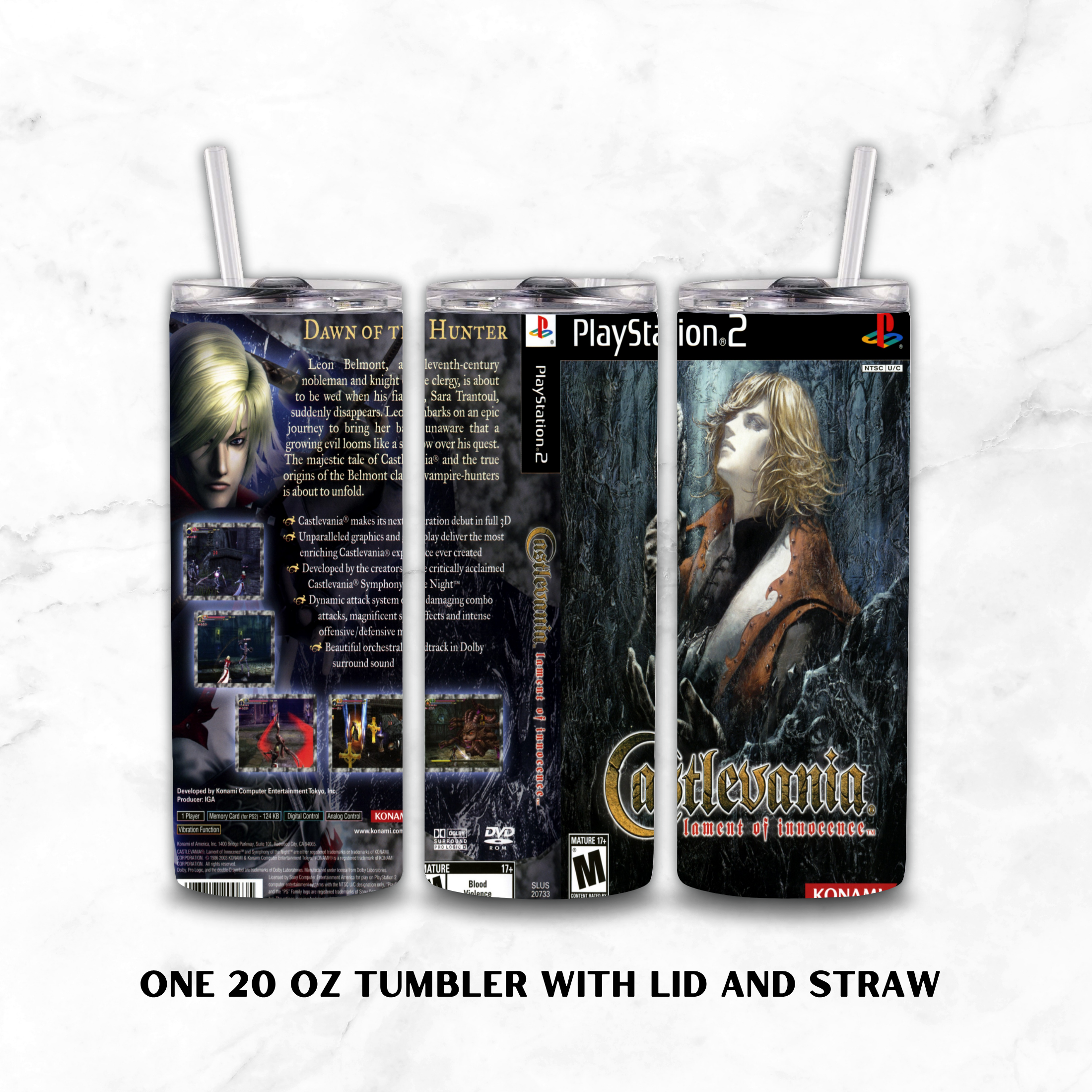 Three views of a 20 oz insulated tumbler with lid and straw, printed with a PlayStation 2 themed Castlevania Lament of Innocence, shown on a white marble background.