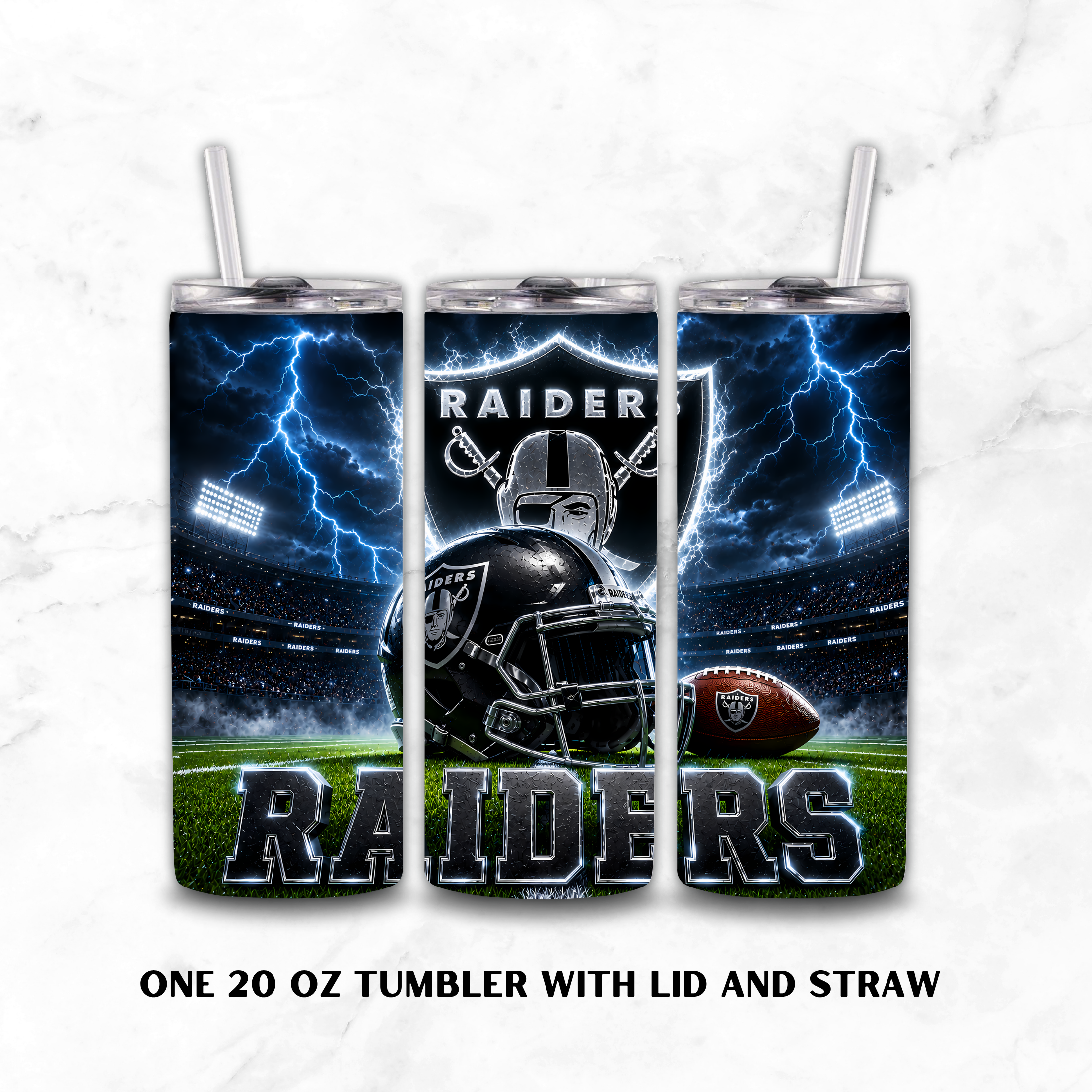 Three Las Vegas Raiders 20oz tumblers with a white background.