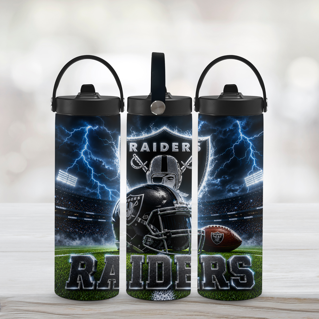 Three Las Vegas Raiders 20oz sports water bottles with a white background. 