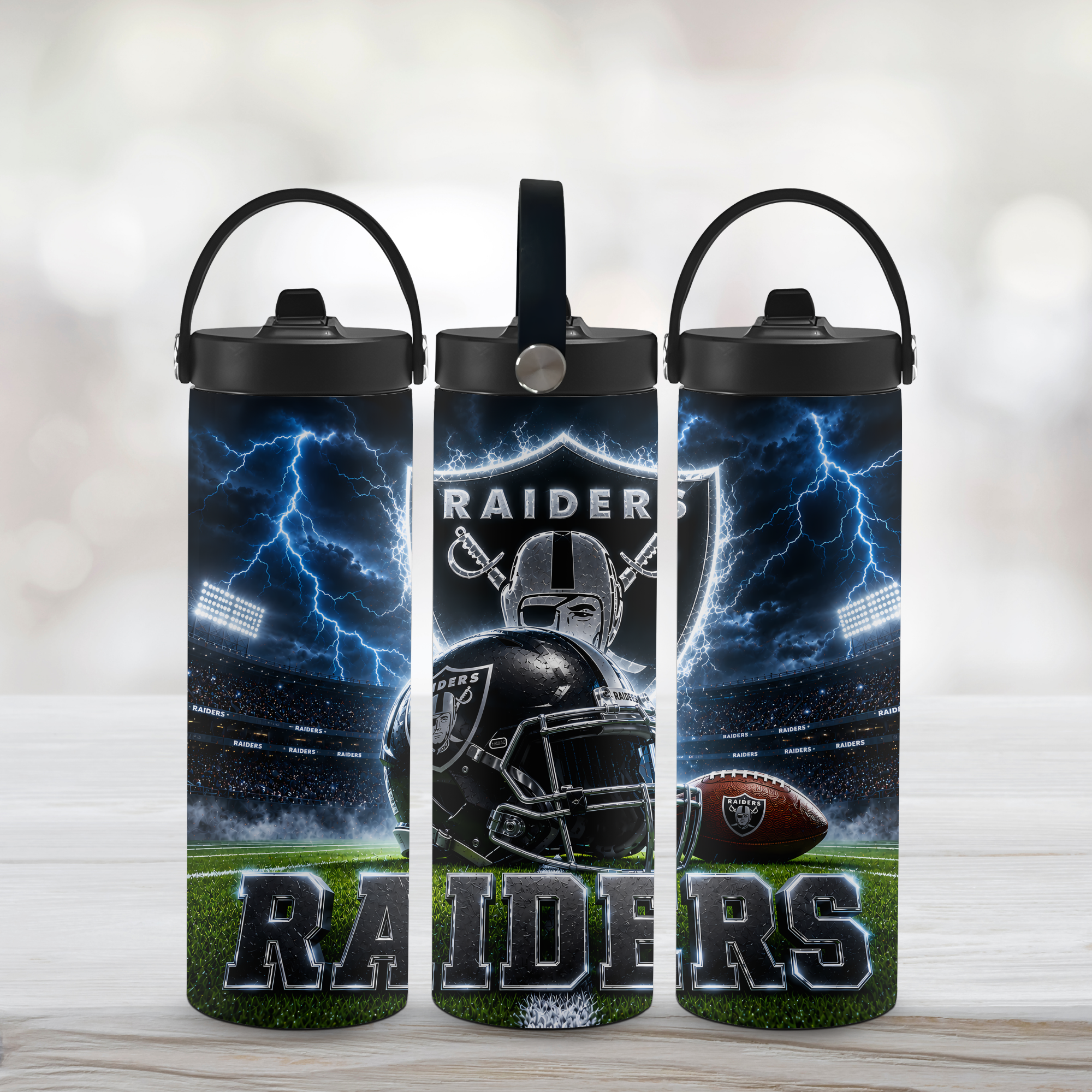 Three Las Vegas Raiders 20oz sports water bottles with a white background. 