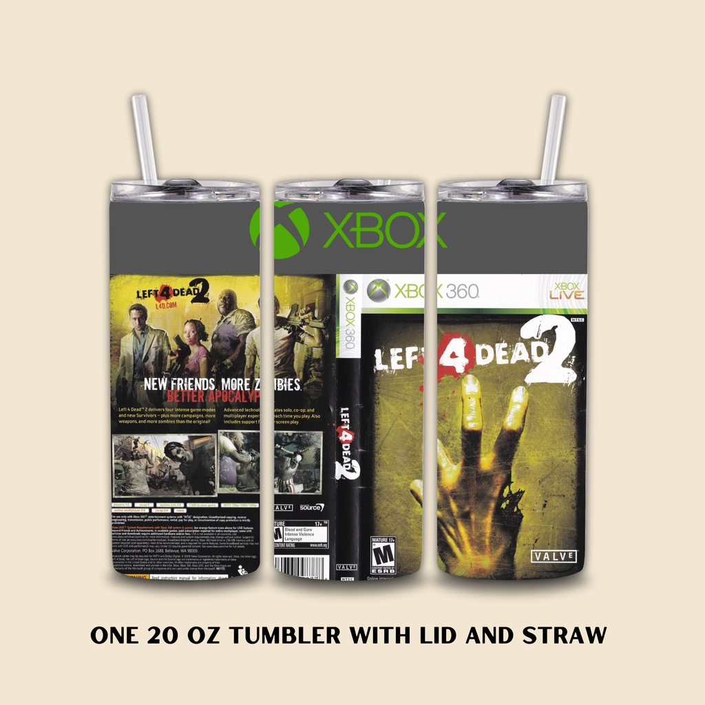 20oz Tumbler with Lid and Straw featuring Xbox and Left 4 Dead 2 designs on a beige background