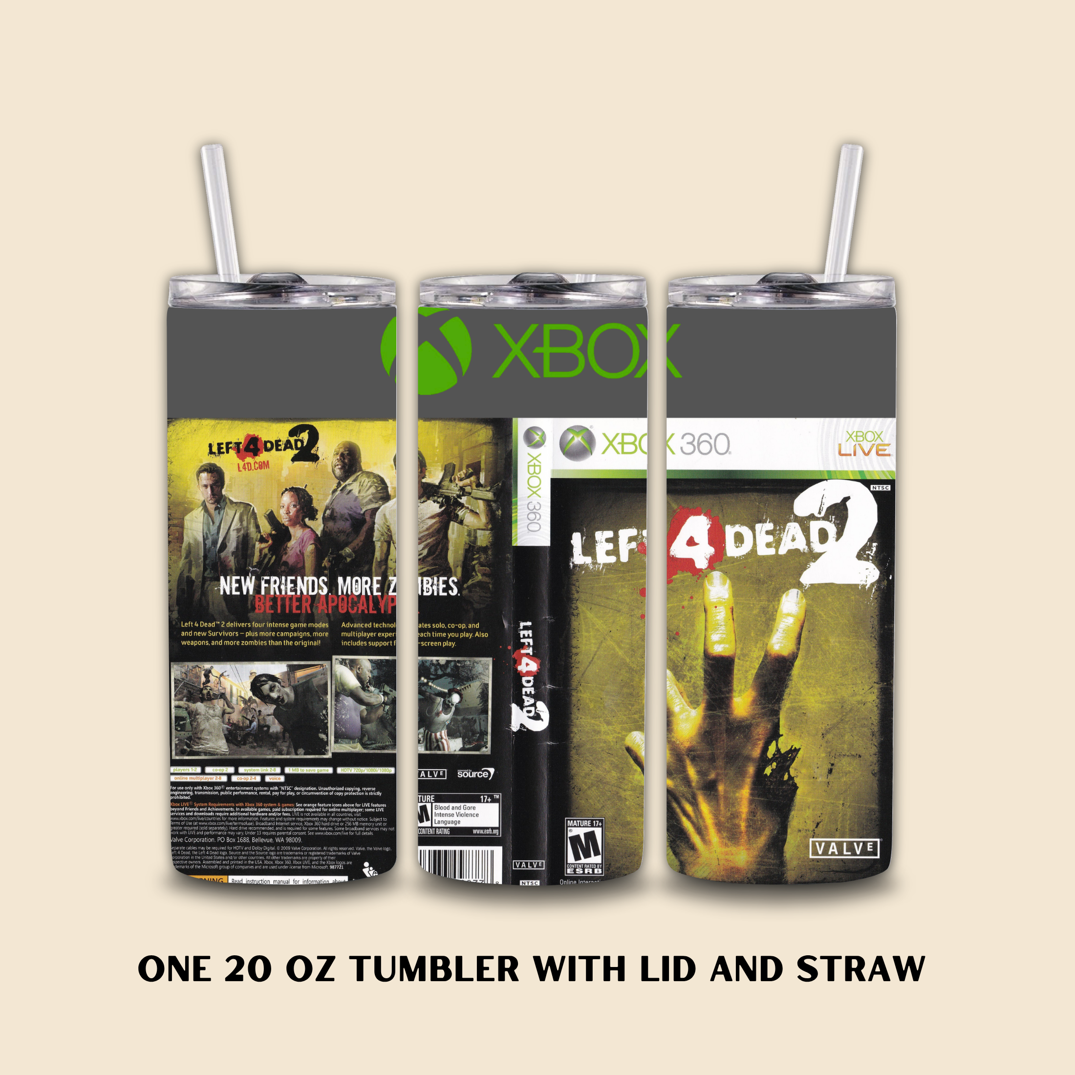 20oz Tumbler with Lid and Straw featuring Xbox and Left 4 Dead 2 designs on a beige background