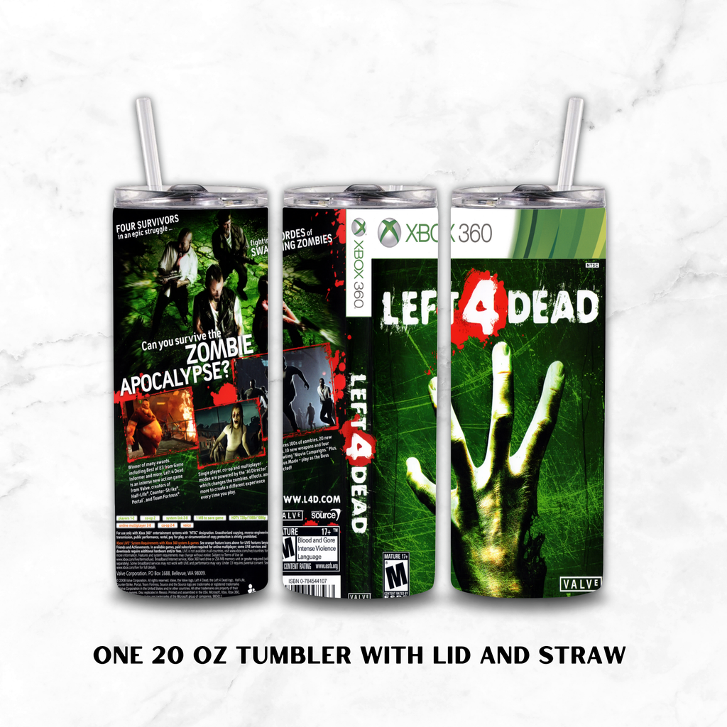 Three views of a 20 oz tumbler with lid and straw, featuring a custom Xbox 360 'Left 4 Dead' skin wrap on a white marble background.