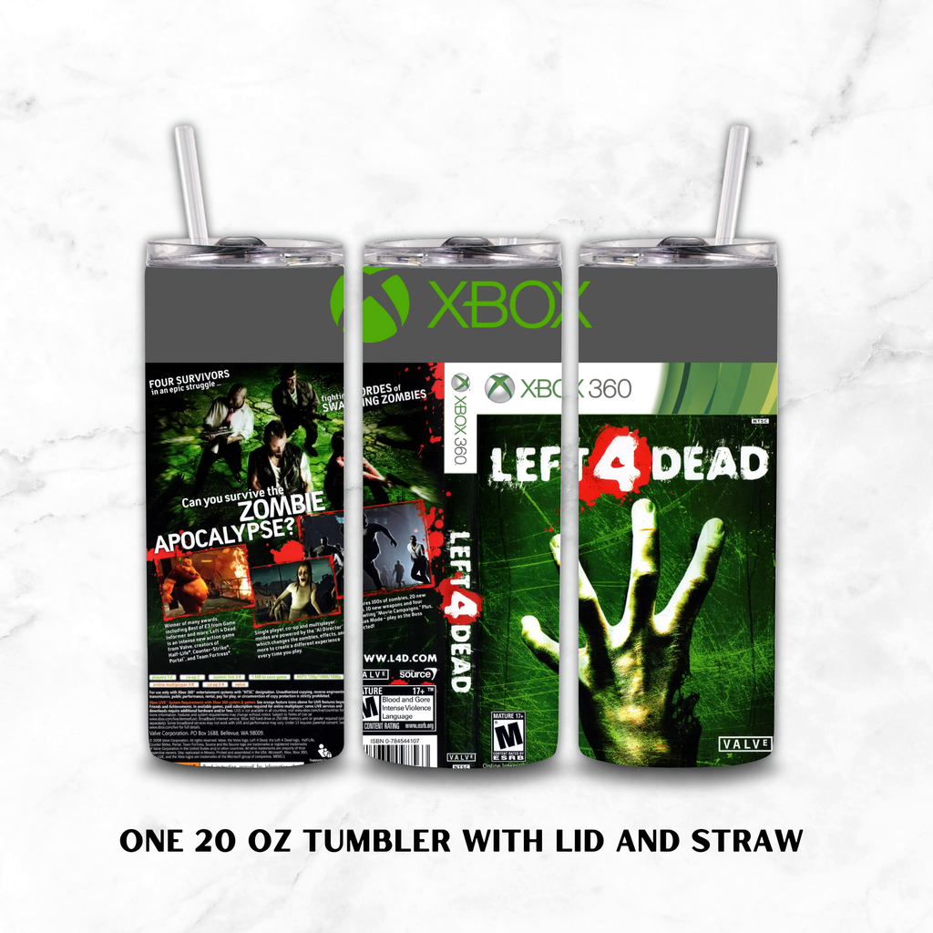 Three 20 oz tumblers with lids and clear straws, shown from the back, side, and front to display Xbox-themed zombie game artwork. The tumblers feature Xbox branding and cover art for Zombie Apocalypse, Xbox 360, and Left 4 Dead on a white marble background.