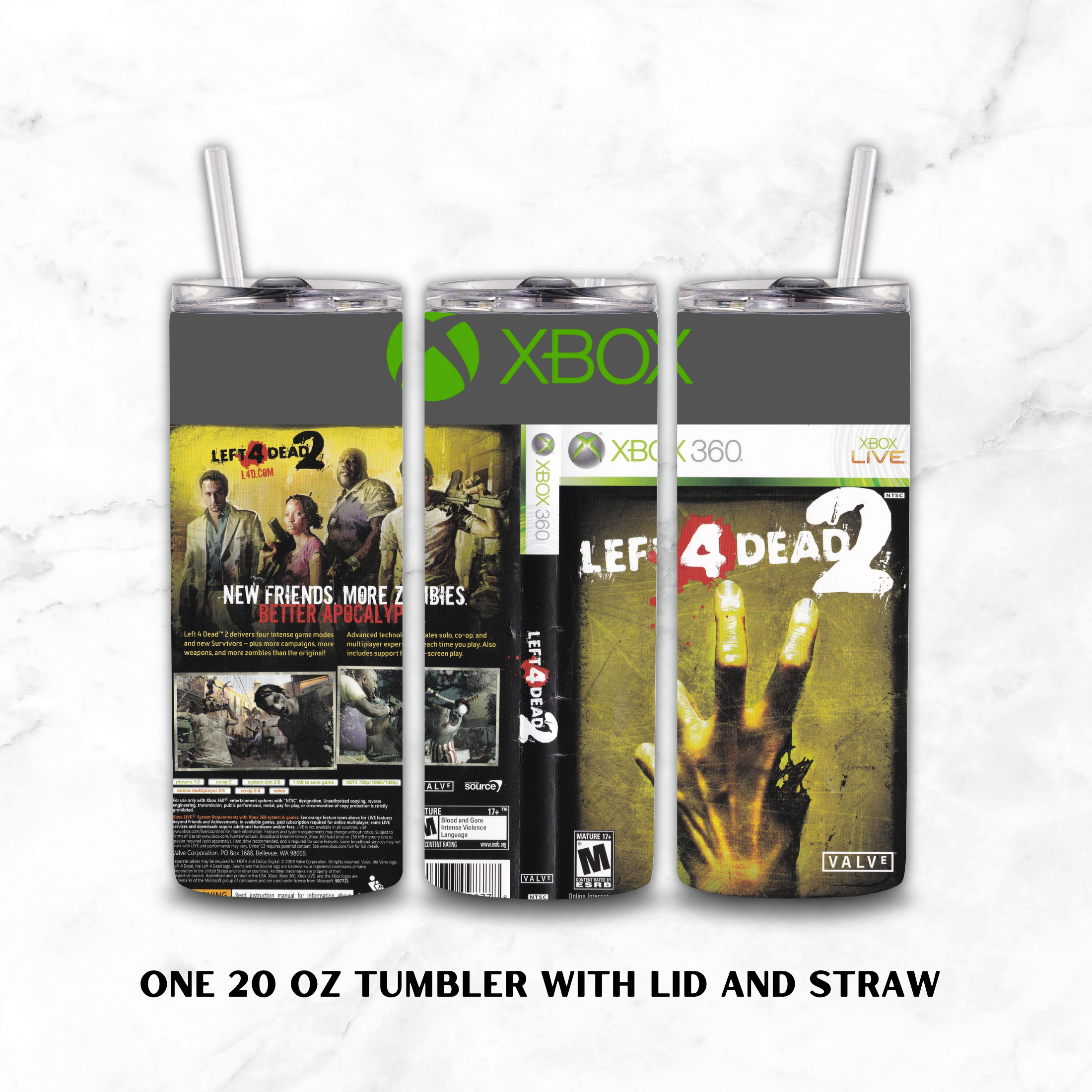 Three views of a 20 oz tumbler with lid and straw, featuring a Left 4 Dead 2 Xbox skin. The tumbler is shown from the back, side, and front, with the Xbox logo and the game artwork printed on the clear lid and body.