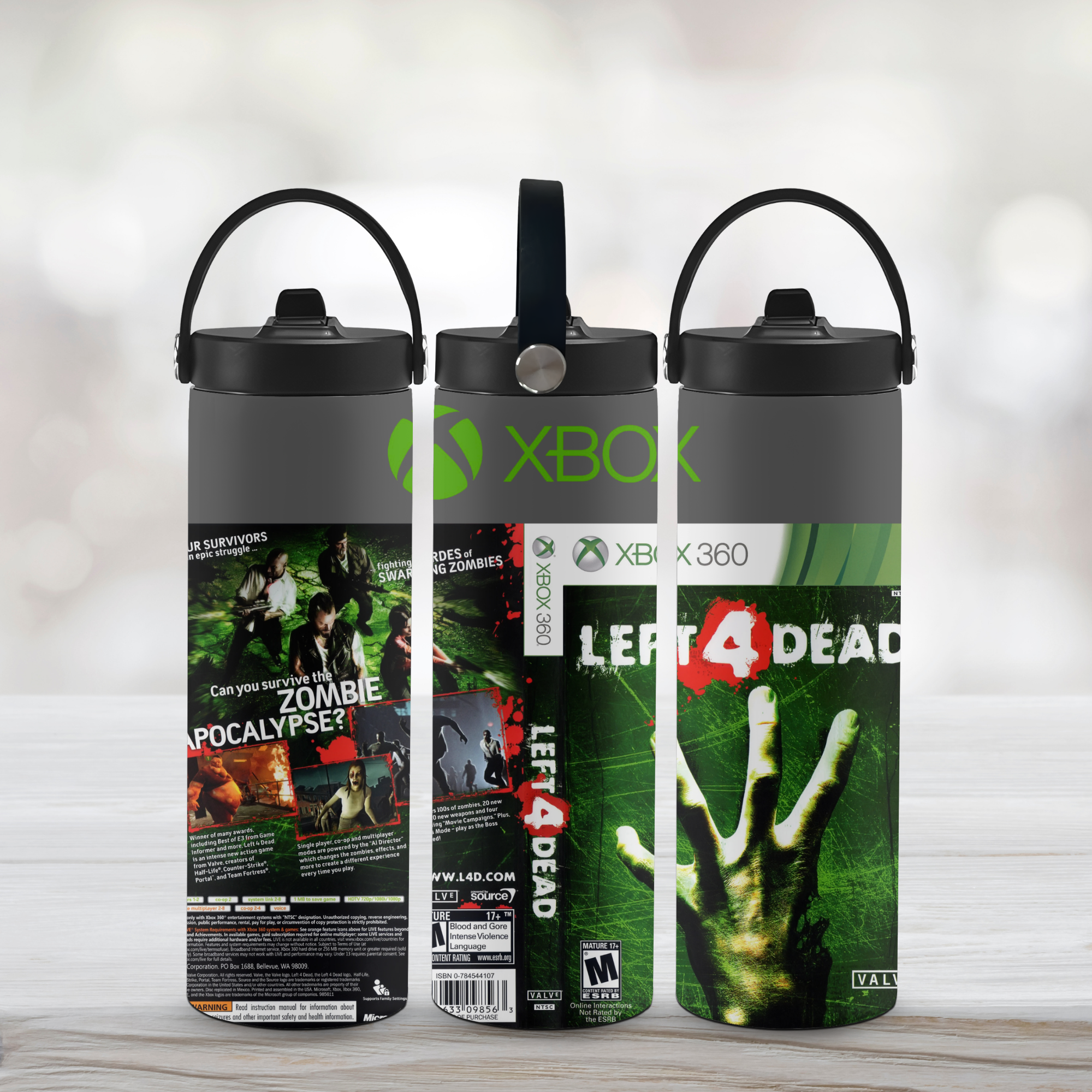 Three water bottles with gaming-themed Left 4 Dead designs on a light background