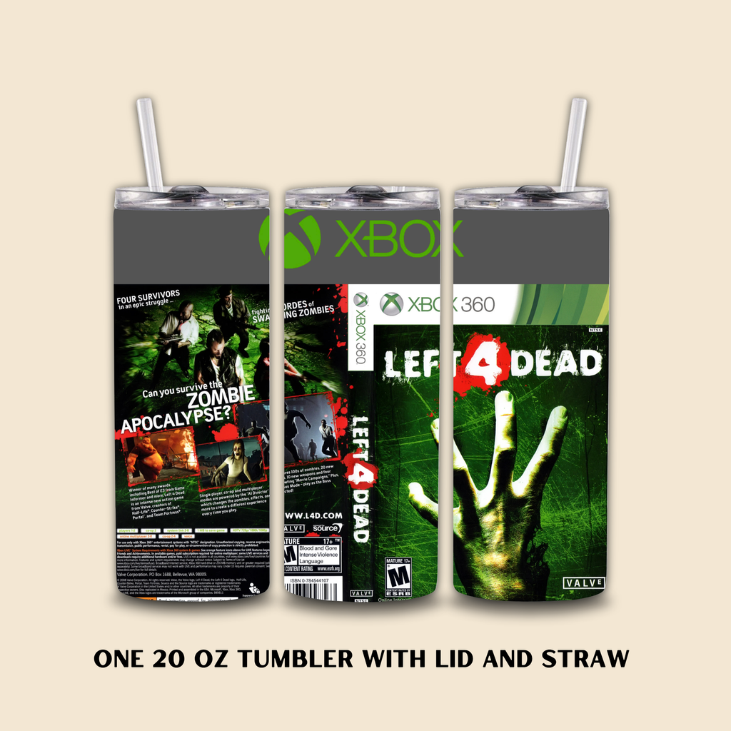 Tumbler with 'Left 4 Dead' and Xbox branding on a beige background