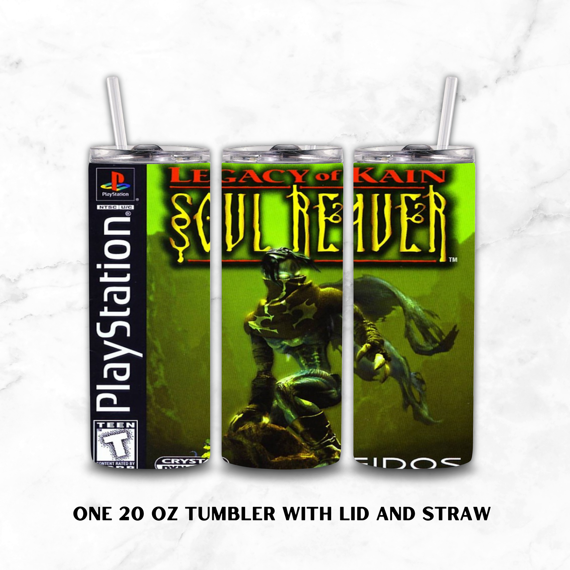 Three views of a 20 oz tumbler with lid and straw, featuring a PlayStation-themed 'Legacy of Kain: Soul Reaver' wrap design on a white marble background.