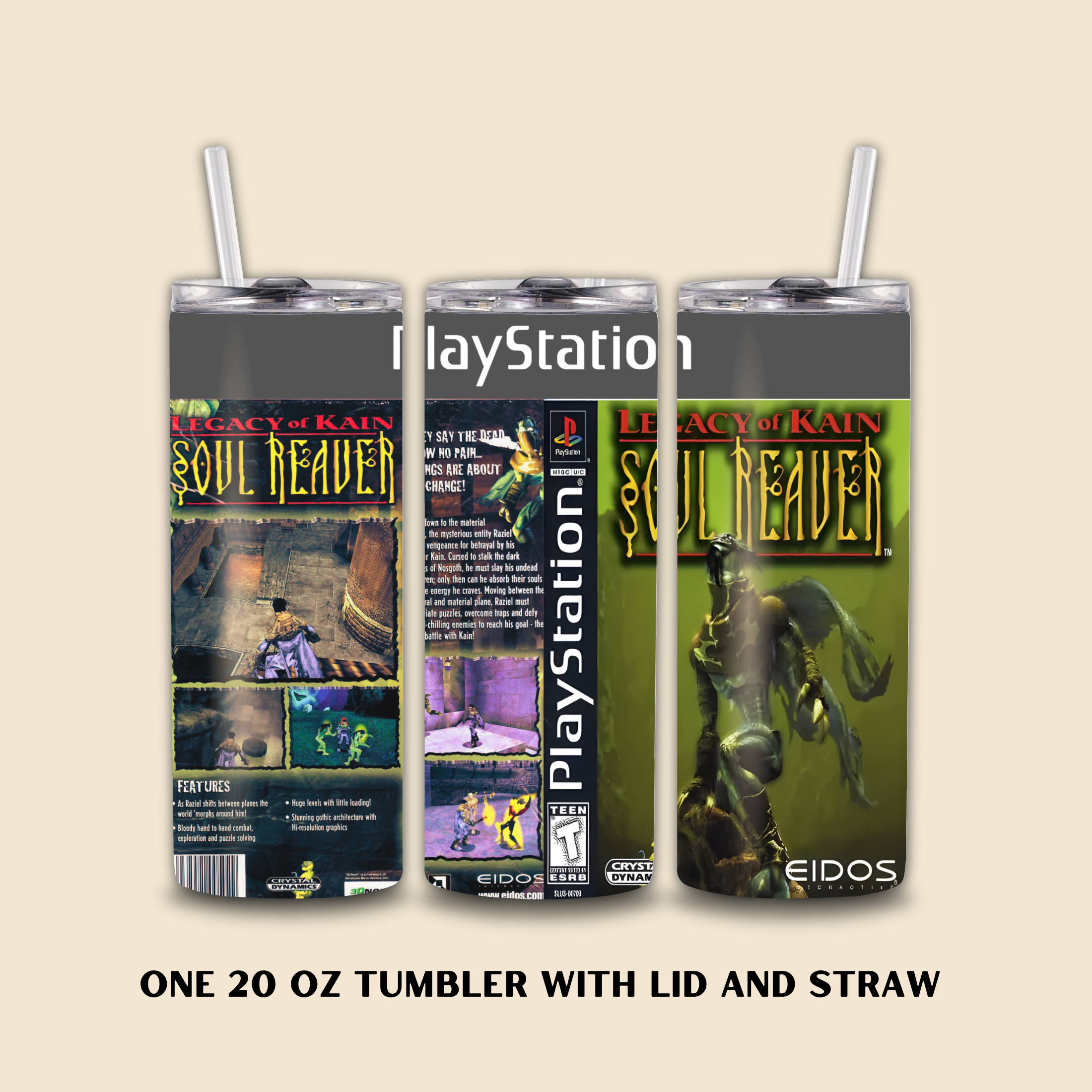 PlayStation tumbler with 'Soul Reaver' design on a beige background