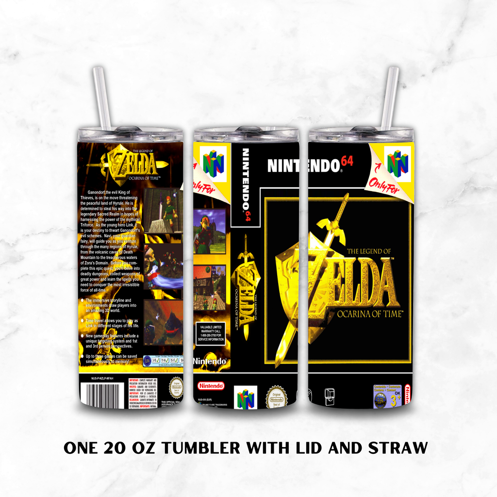 Three views of a 20 oz tumbler with lid and straw, featuring a custom Nintendo 64 The Legend of Zelda Ocarina of Time design on a white marble background.