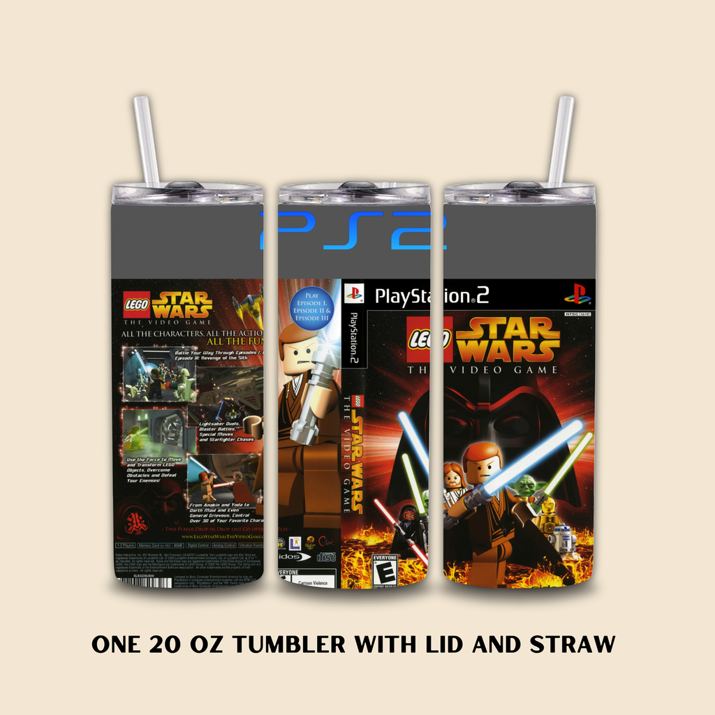 20oz Tumbler with Lego Star Wars and PlayStation 2 design on a beige background