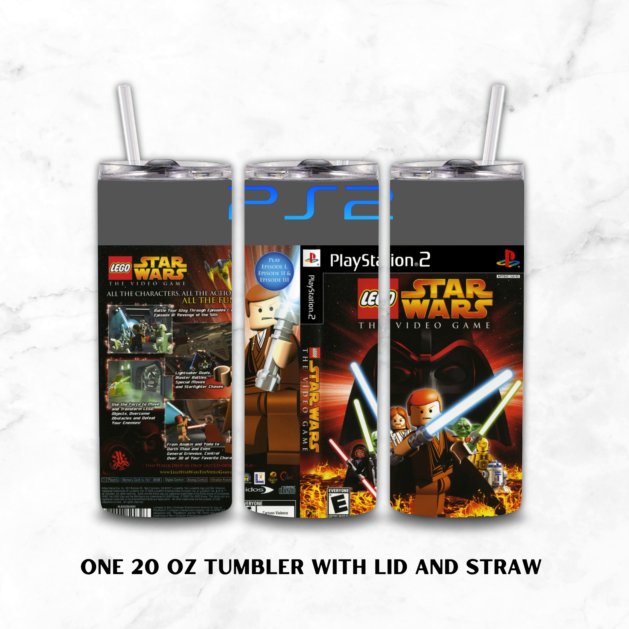 Three views of a 20 oz tumbler with lid and straw, featuring LEGO Star Wars The Video Game cover art. The left view shows the back with character panels, the middle shows the front with PlayStation branding, and the right shows the front cover art.