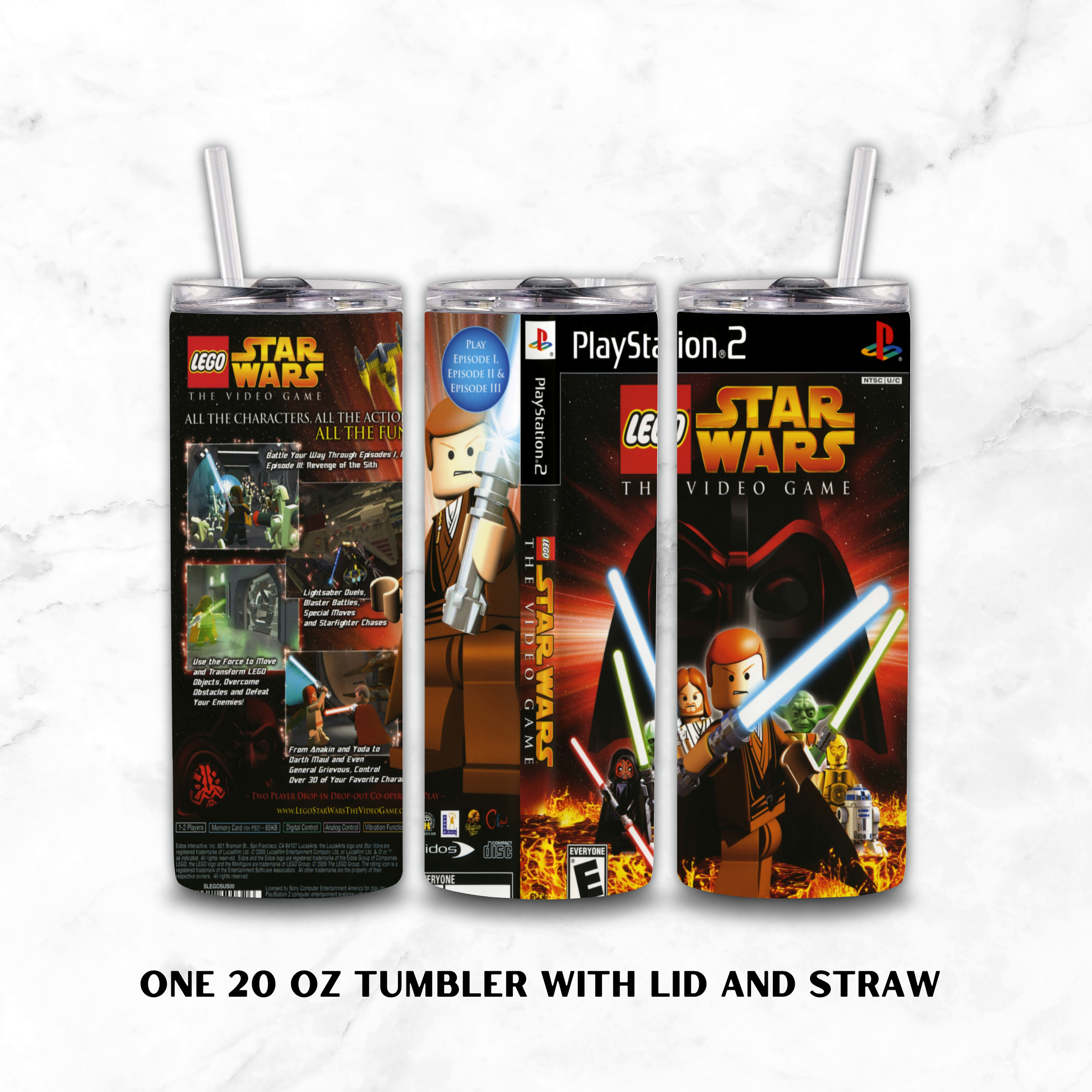 Three views of a 20 oz tumbler with lid and straw, featuring LEGO Star Wars The Video Game artwork on a white marble background. The left view shows the back, the middle shows the side, and the right shows the front cover.
