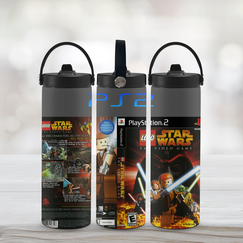 Three sports water bottles with Star Wars and PlayStation 2 branding on a light wooden surface.