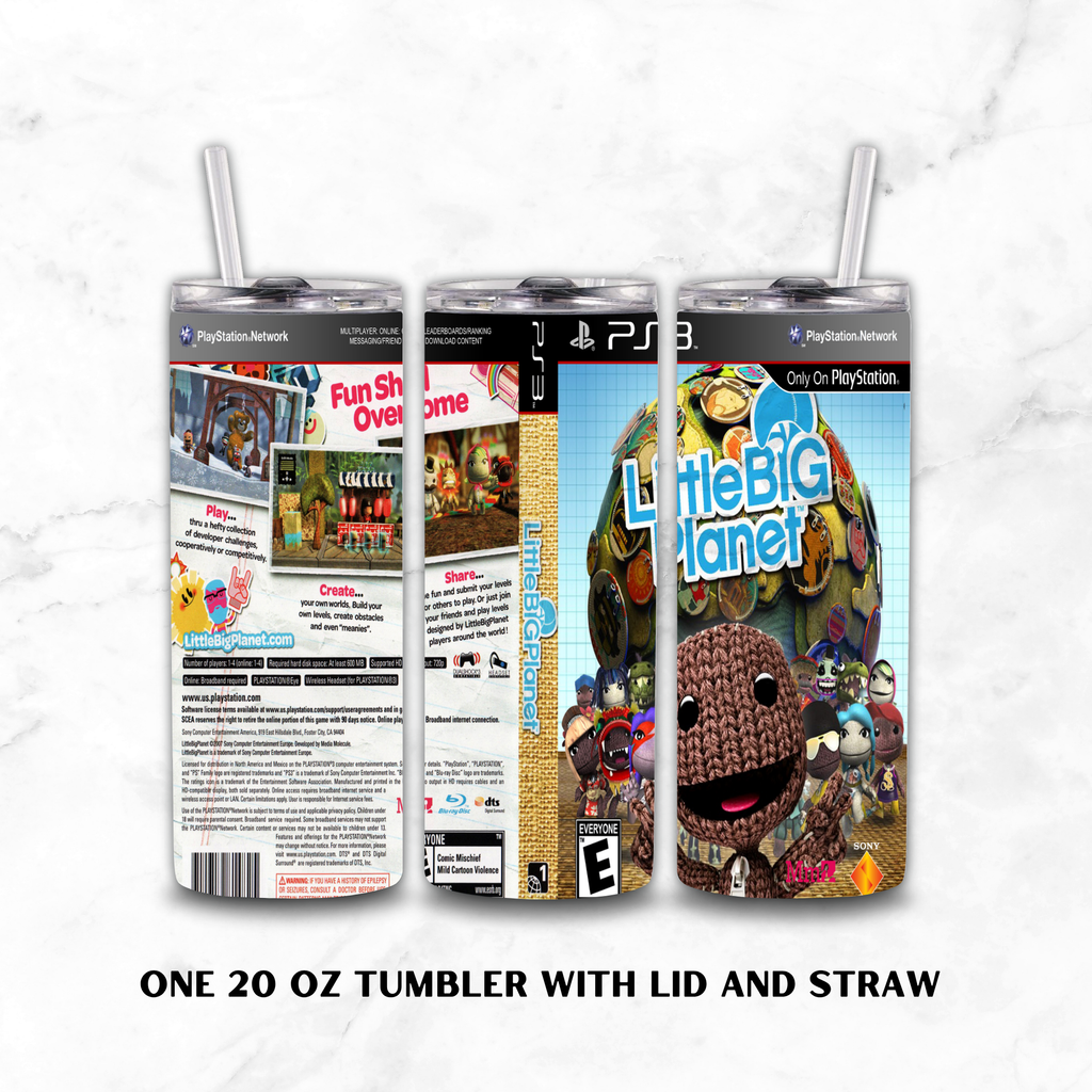 Three views of a 20 oz tumbler with lid and straw, featuring a LittleBig Planet PS3 game cover wrap design, shown on a white marble background with text reading 'ONE 20 OZ TUMBLER WITH LID AND STRAW'.