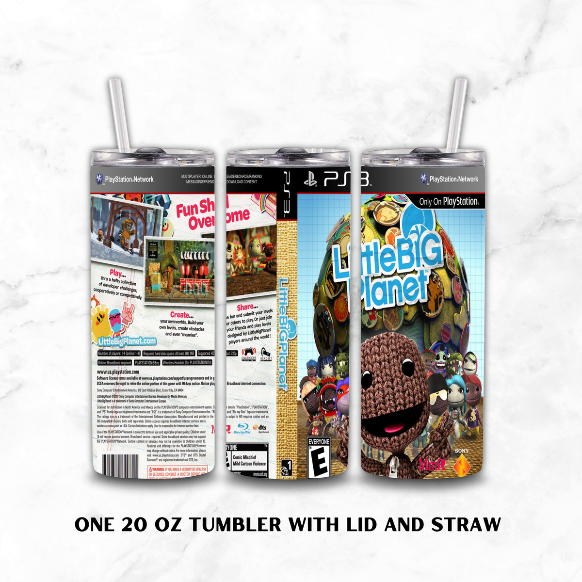 Three views of a 20 oz tumbler with lid and straw, featuring a LittleBig Planet PS3 game cover wrap design, shown on a white marble background with text reading 'ONE 20 OZ TUMBLER WITH LID AND STRAW'.