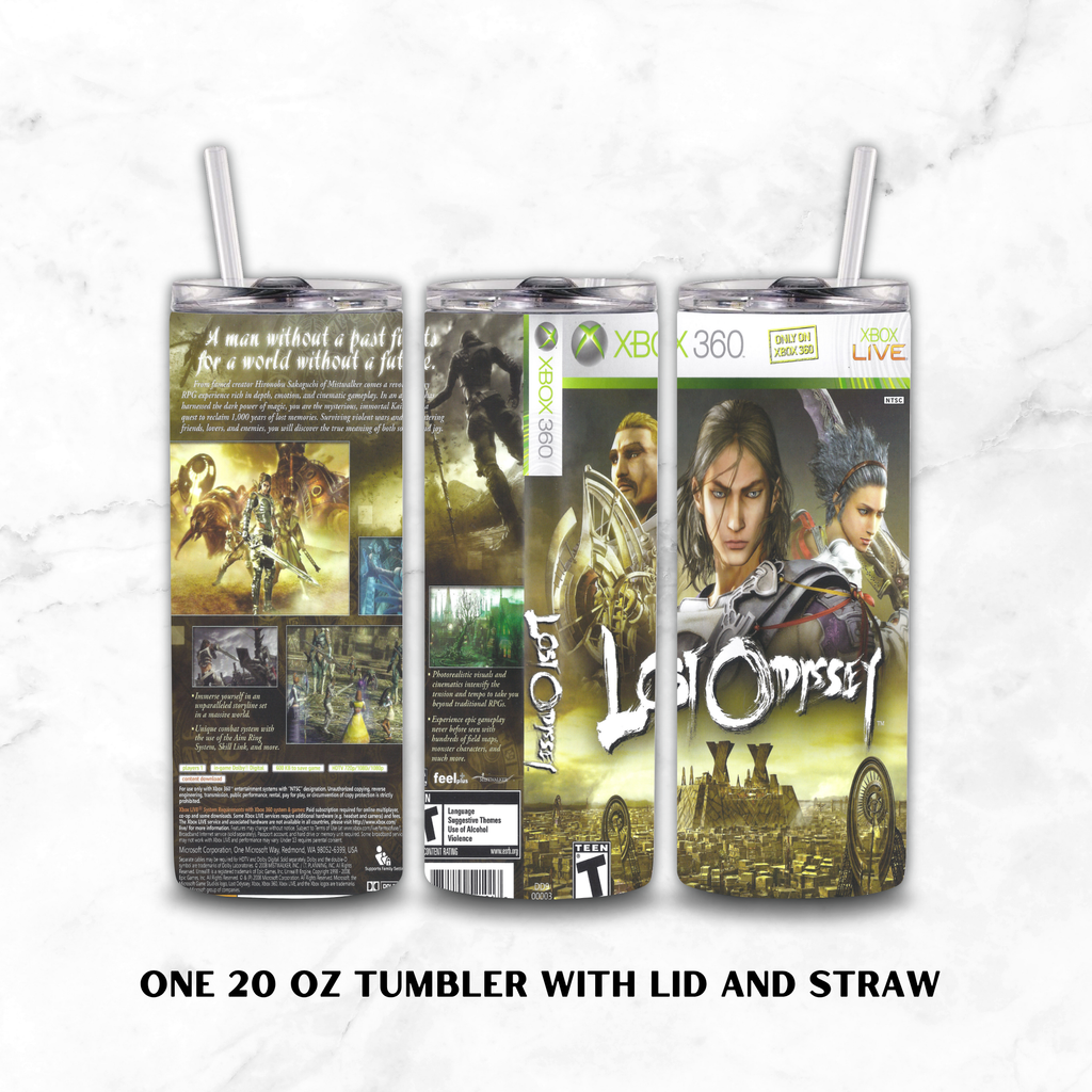 Three views of a 20 oz tumbler with lid and straw, wrapped in a detailed graphic skin featuring Xbox 360 and Lost Odyssey branding, shown on a white marble background.