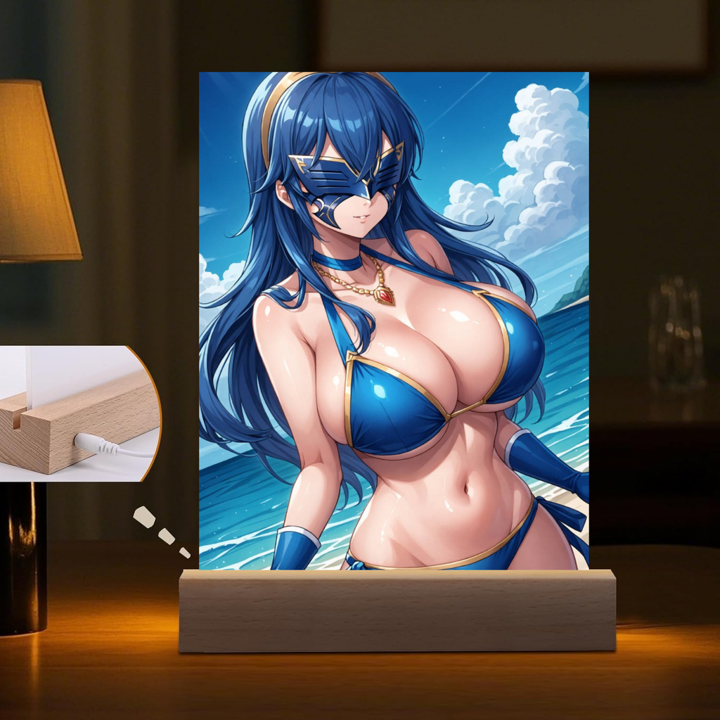 LED night light of Lucina from Fire Emblem with a lamp in the background.