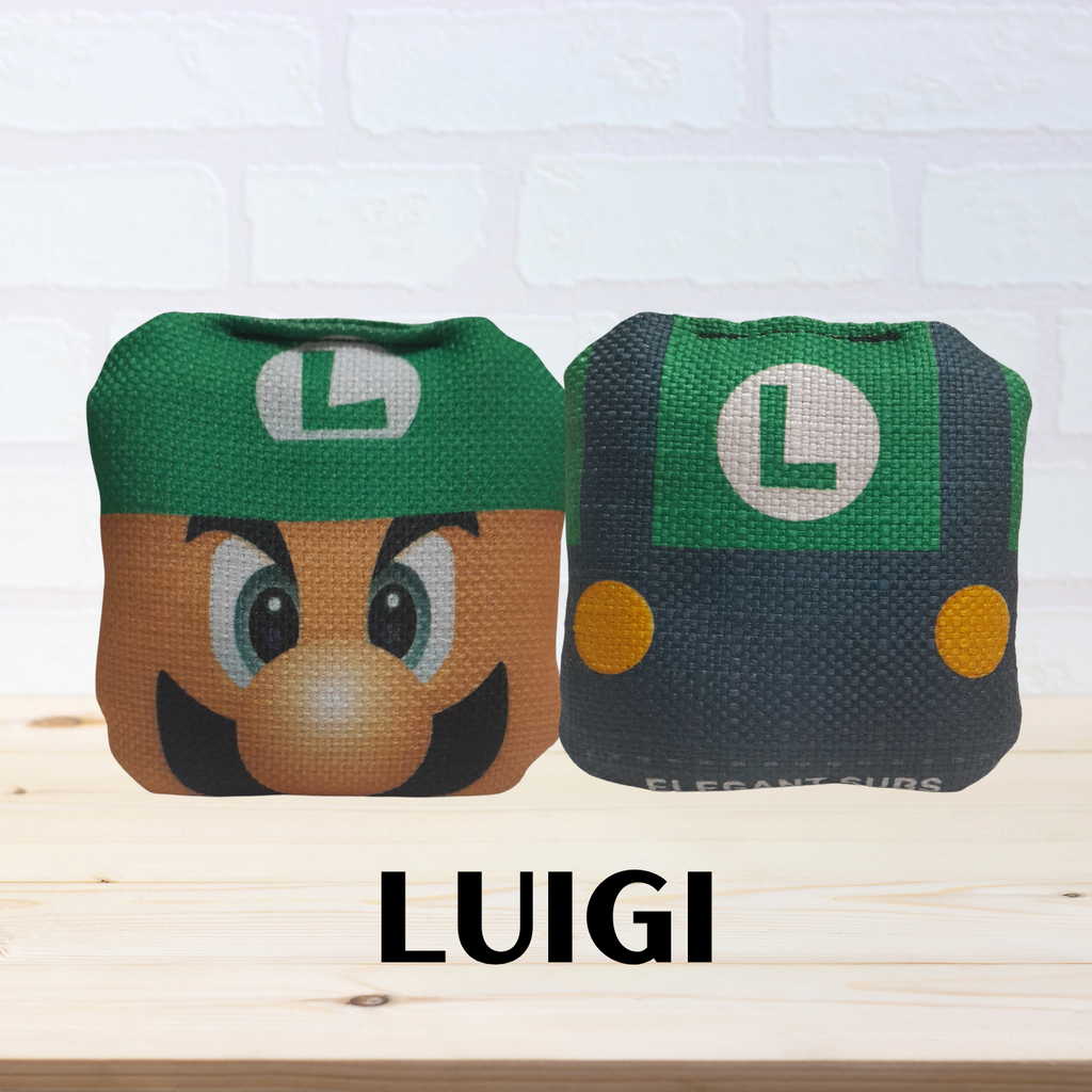 Luigi mini cornhole bags front and back image on a white background.
